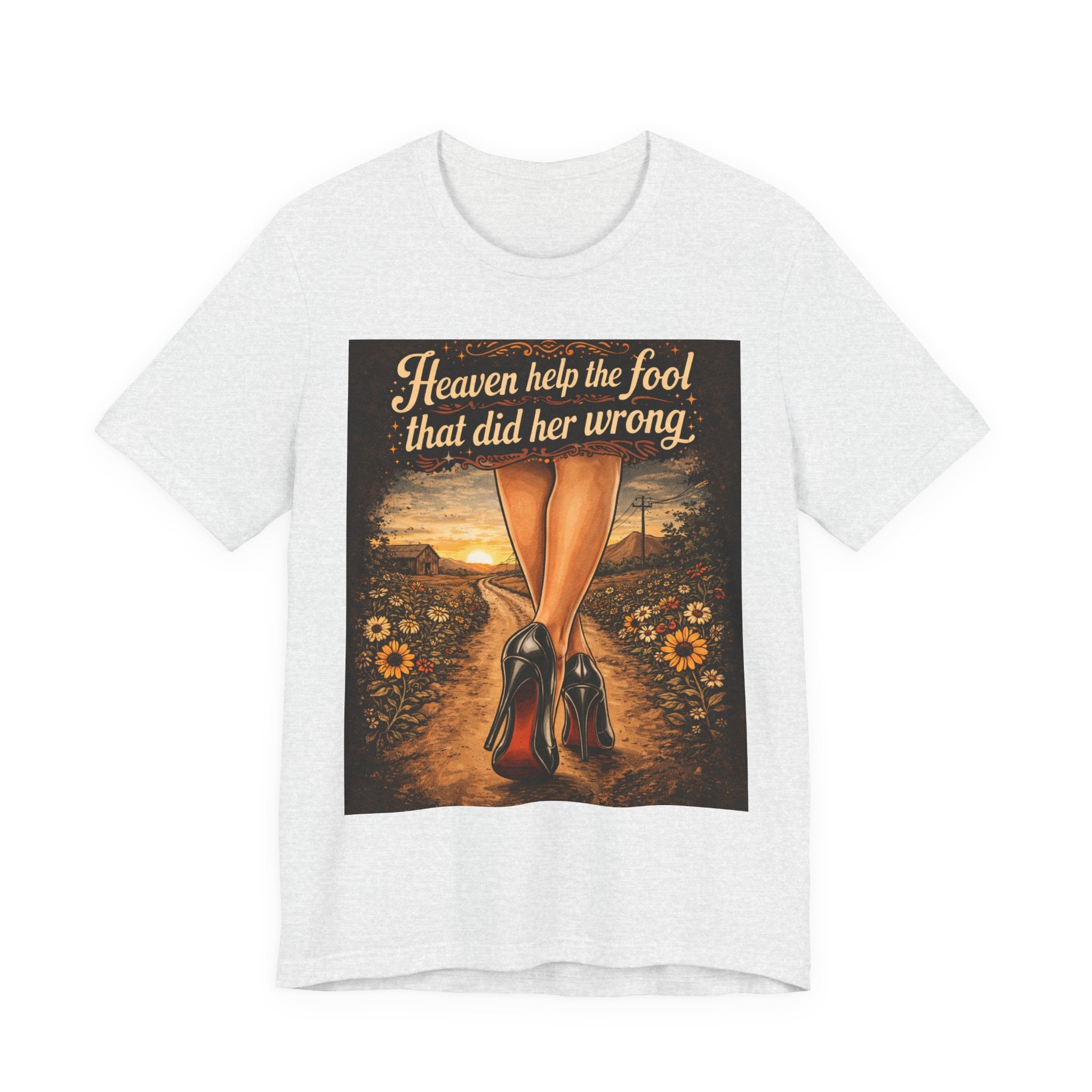 Heaven Help the Fool Graphic Tee — Retro Sunset Pinup Legs Shirt