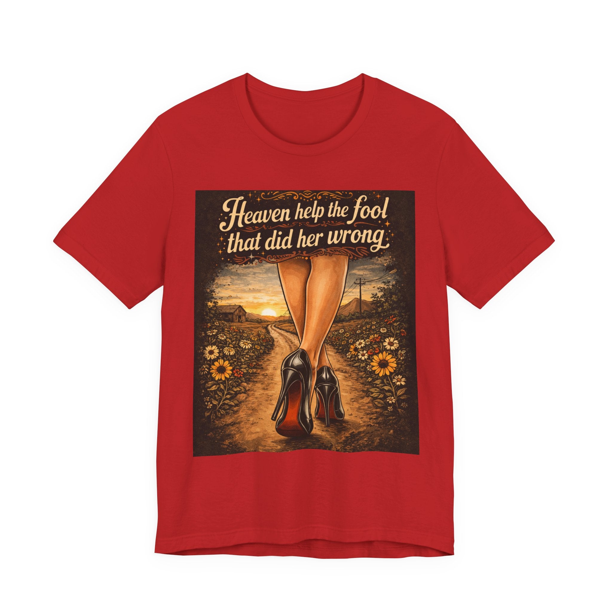 Heaven Help the Fool Graphic Tee — Retro Sunset Pinup Legs Shirt