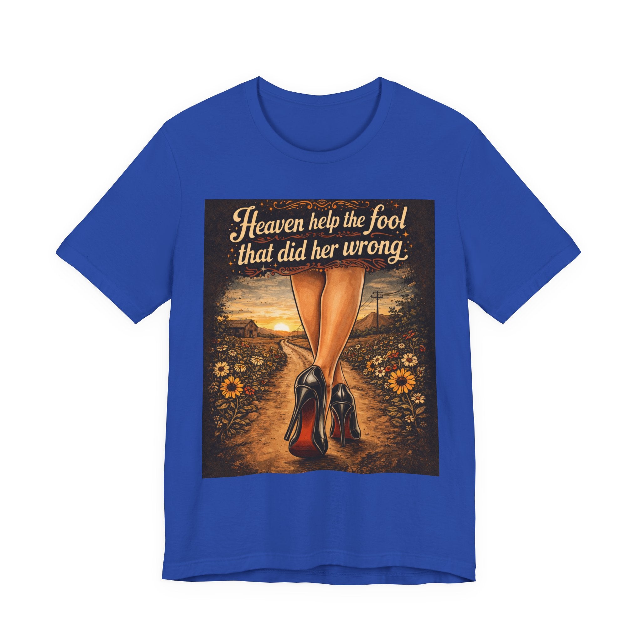 Heaven Help the Fool Graphic Tee — Retro Sunset Pinup Legs Shirt