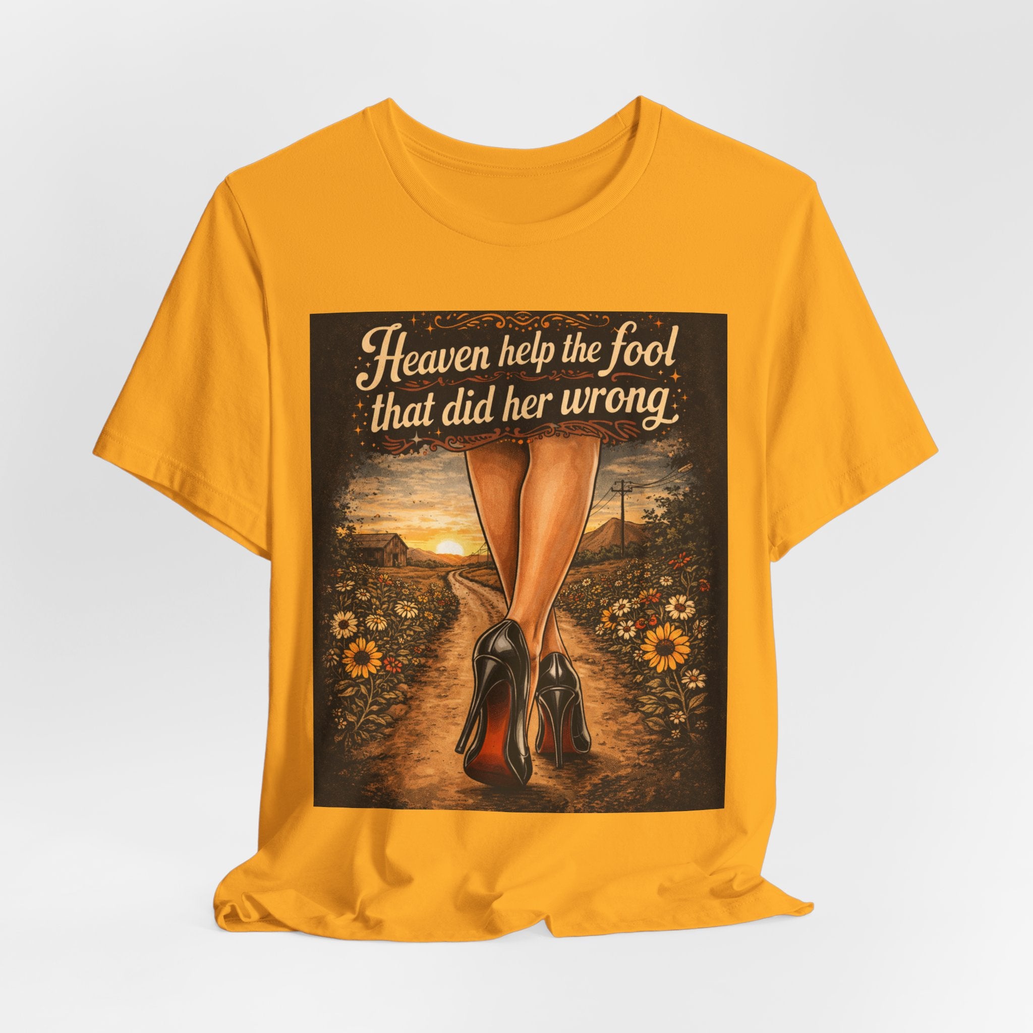 Heaven Help the Fool Graphic Tee — Retro Sunset Pinup Legs Shirt