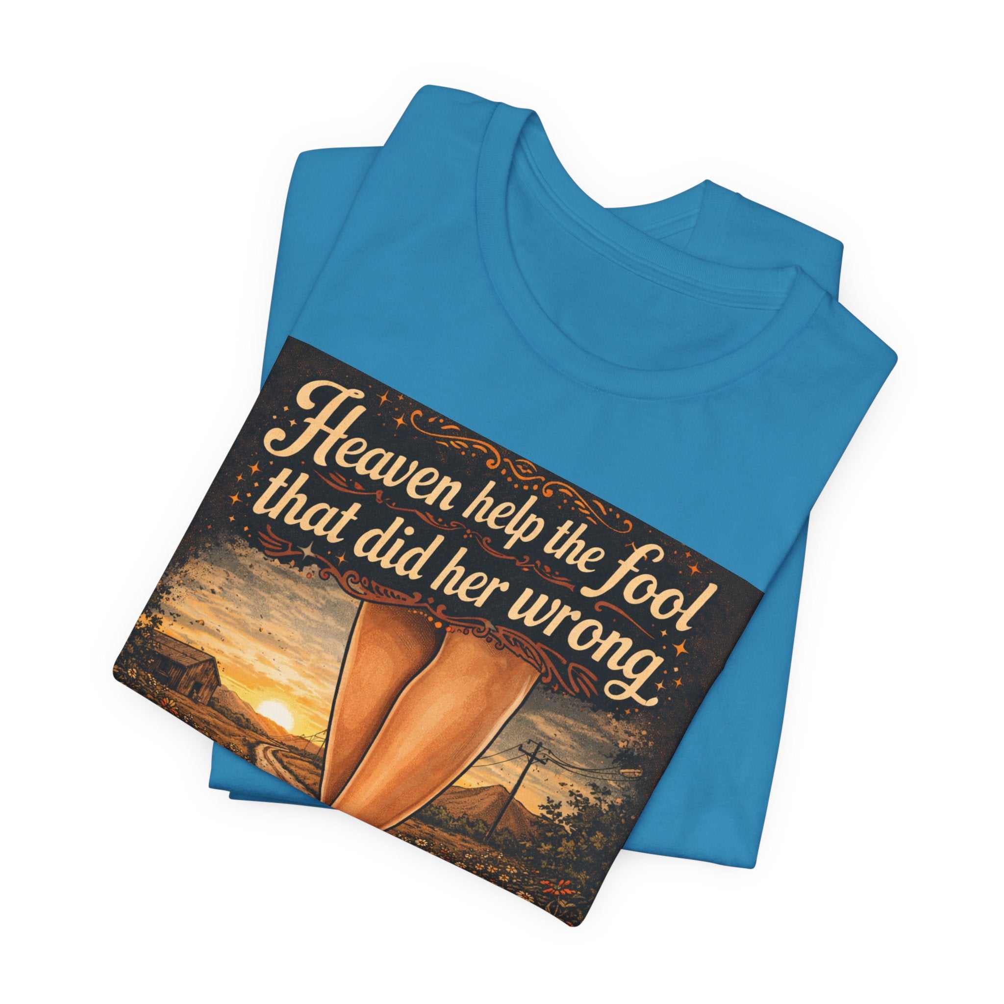 Heaven Help the Fool Graphic Tee — Retro Sunset Pinup Legs Shirt
