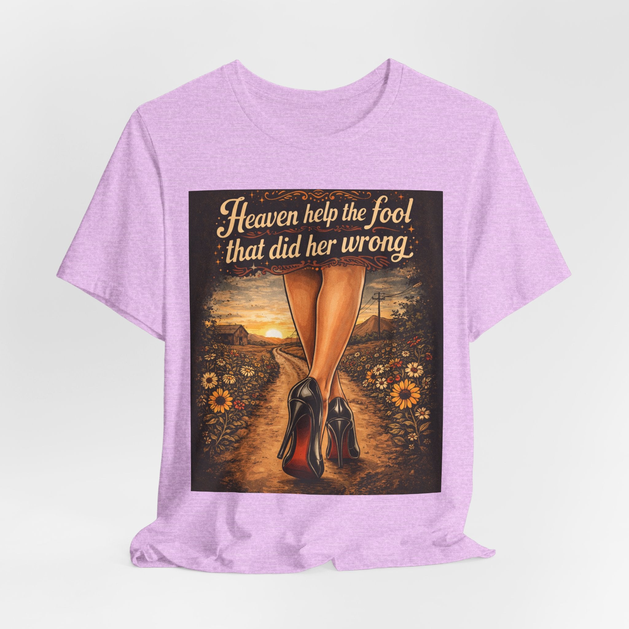 Heaven Help the Fool Graphic Tee — Retro Sunset Pinup Legs Shirt