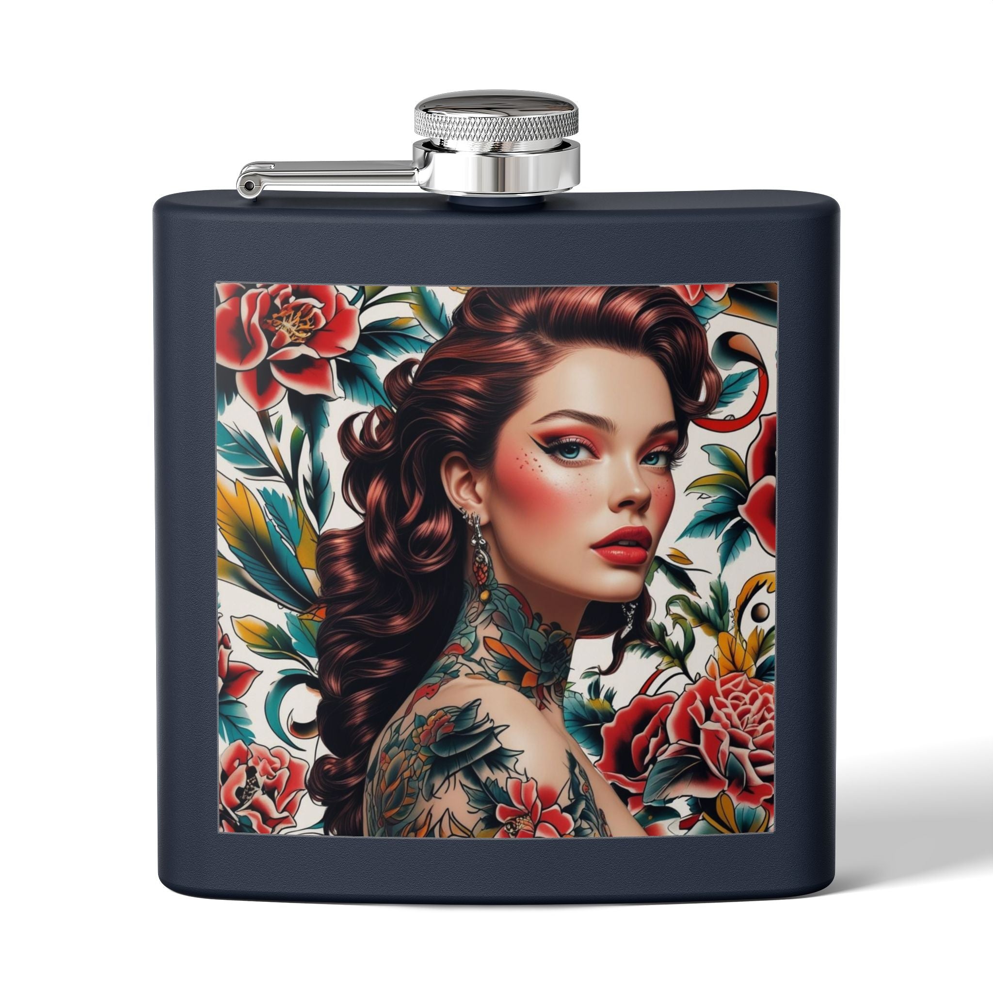 Flask — Floral Tattooed Woman 6oz Stainless Steel Hip Flask