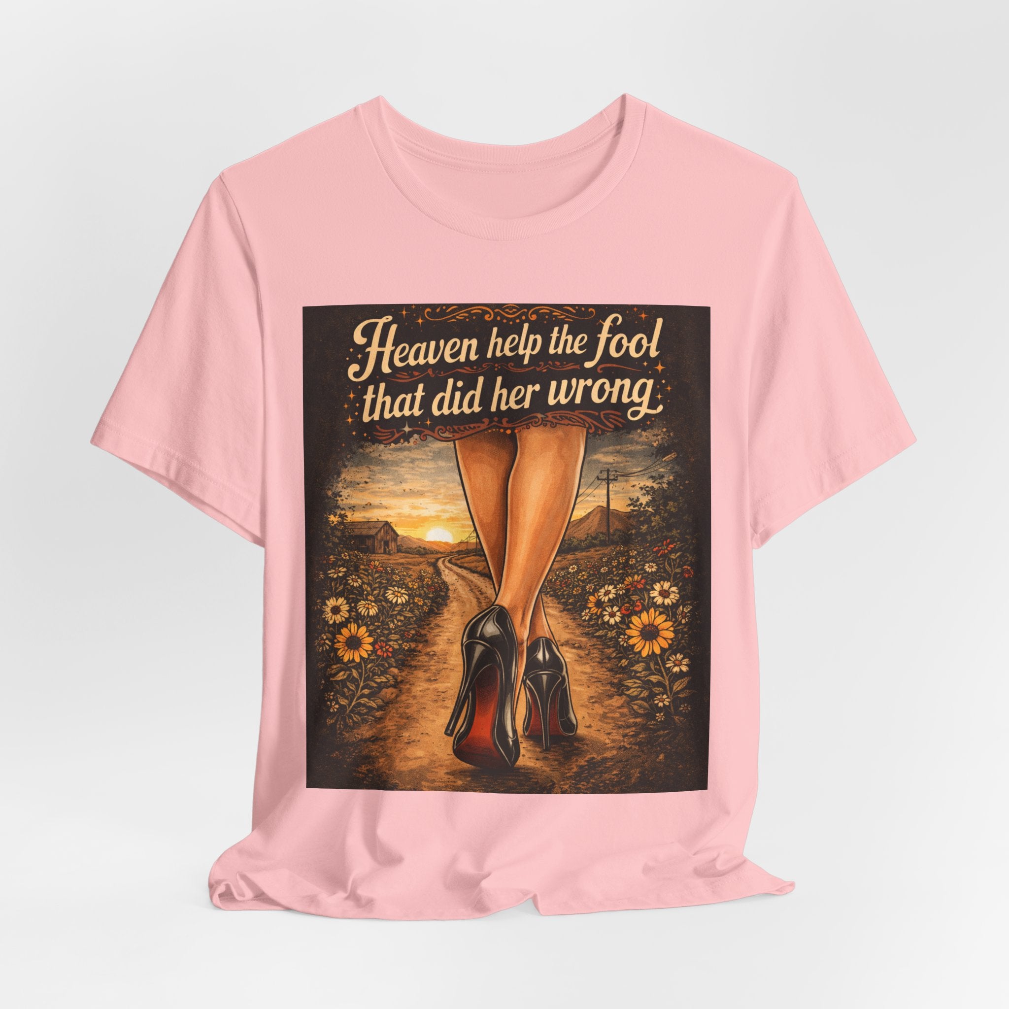 Heaven Help the Fool Graphic Tee — Retro Sunset Pinup Legs Shirt