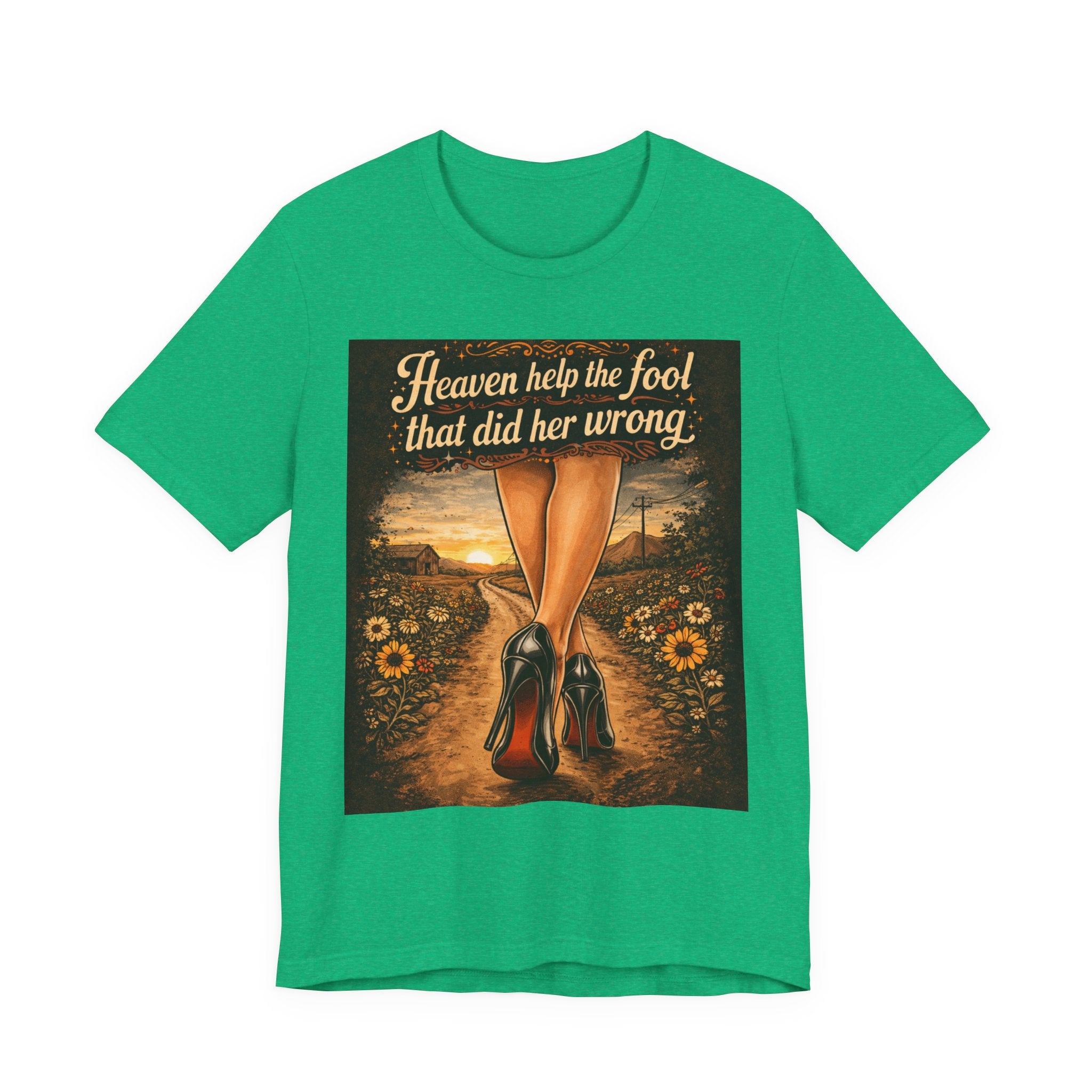 Heaven Help the Fool Graphic Tee — Retro Sunset Pinup Legs Shirt