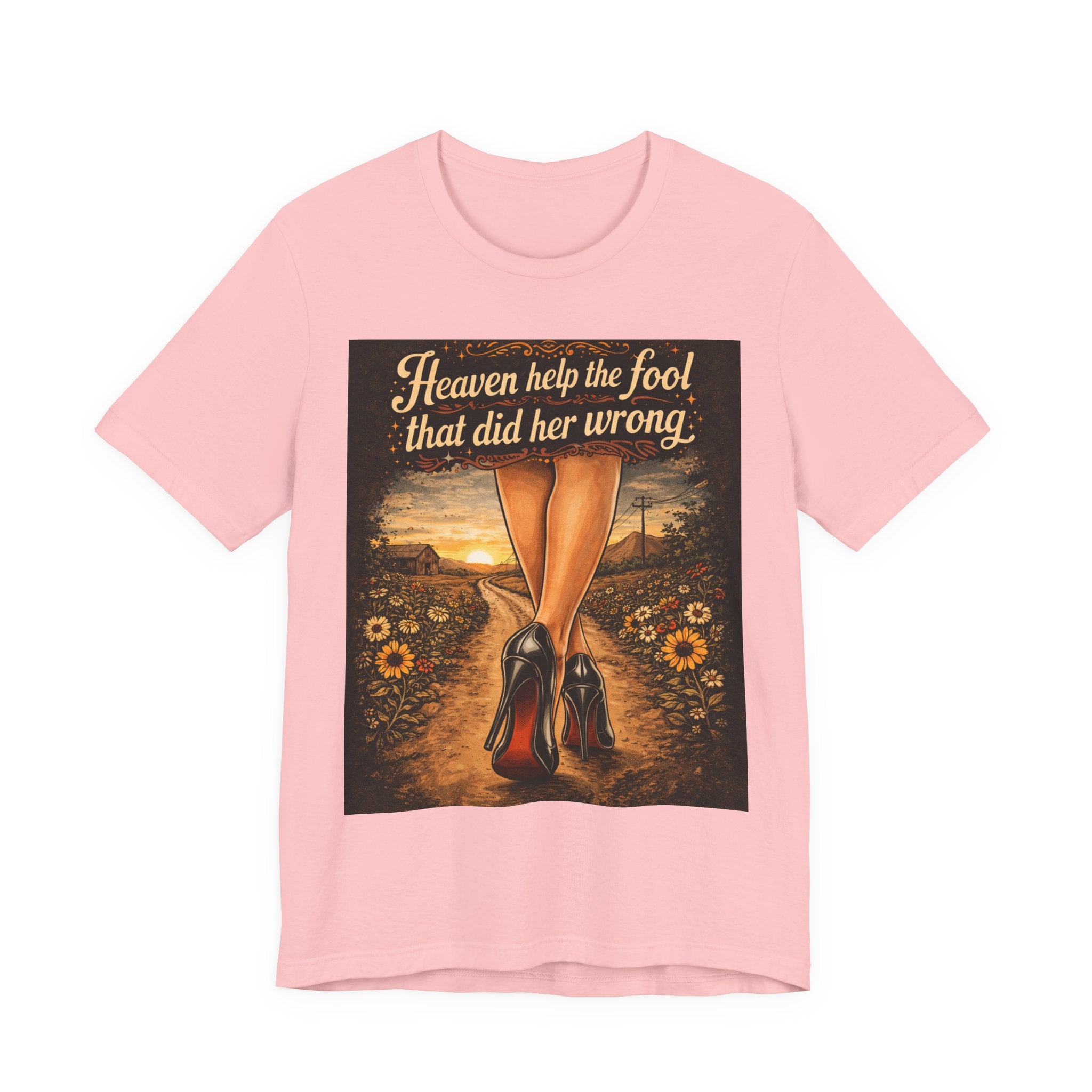 Heaven Help the Fool Graphic Tee — Retro Sunset Pinup Legs Shirt