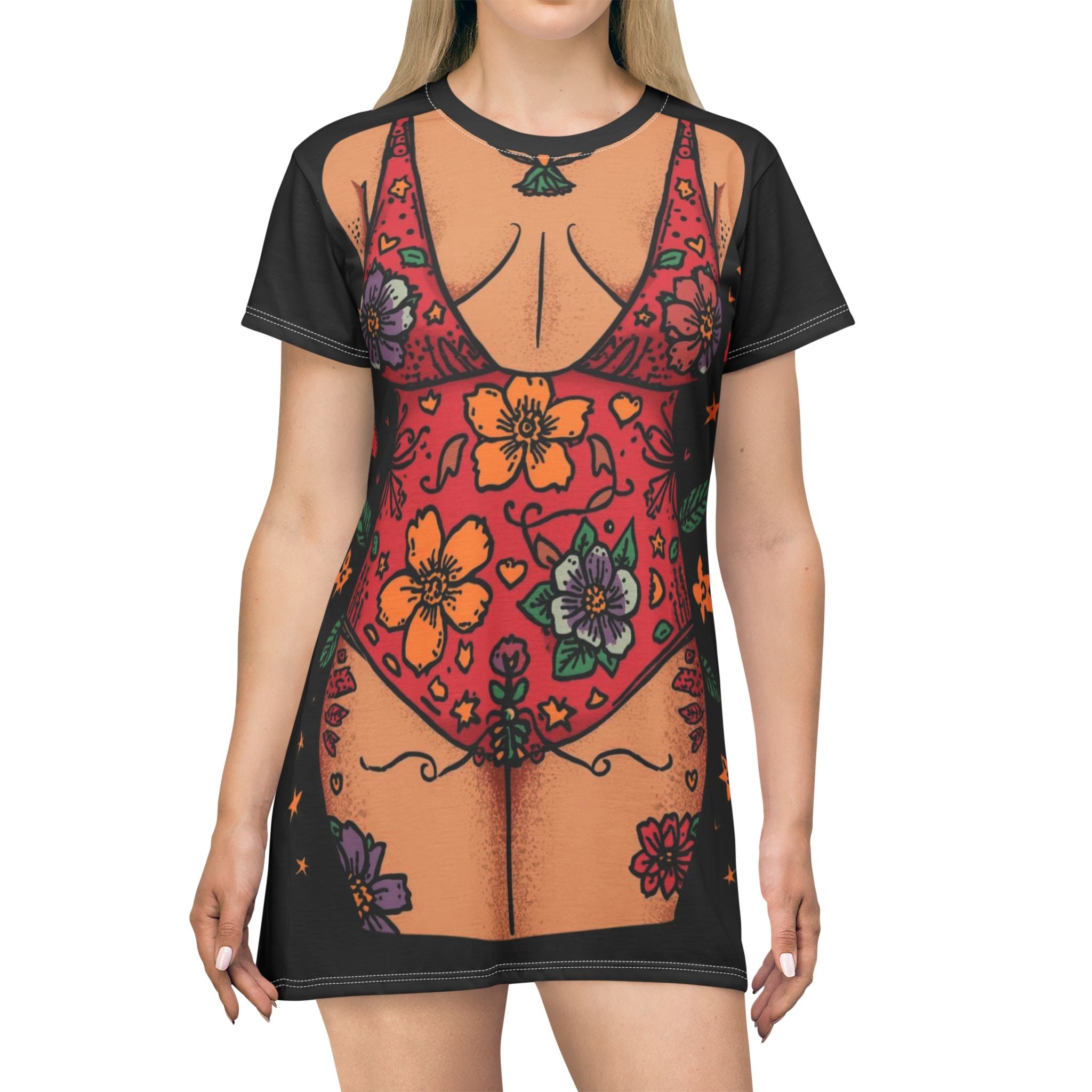 Floral Swimsuit Print T‑Shirt Dress — Boho Bikini Body All-Over Print