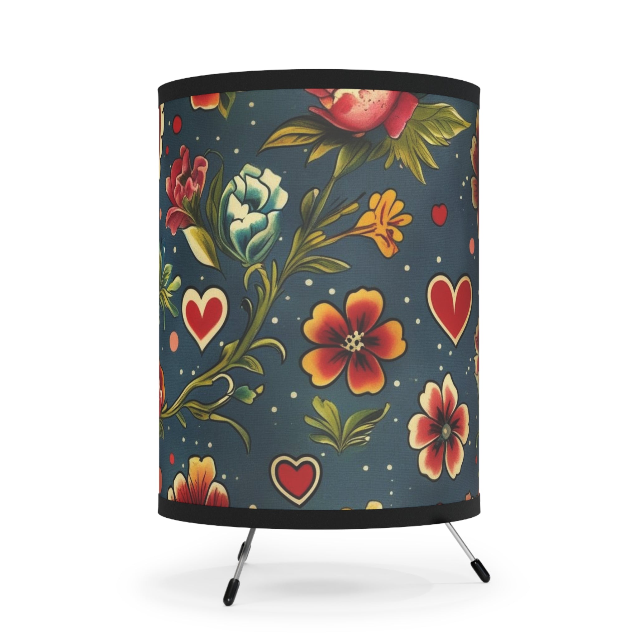 Floral Heart Tripod Lamp — Vintage Folk Print Shade