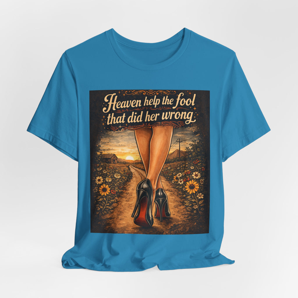 Heaven Help the Fool Graphic Tee — Retro Sunset Pinup Legs Shirt