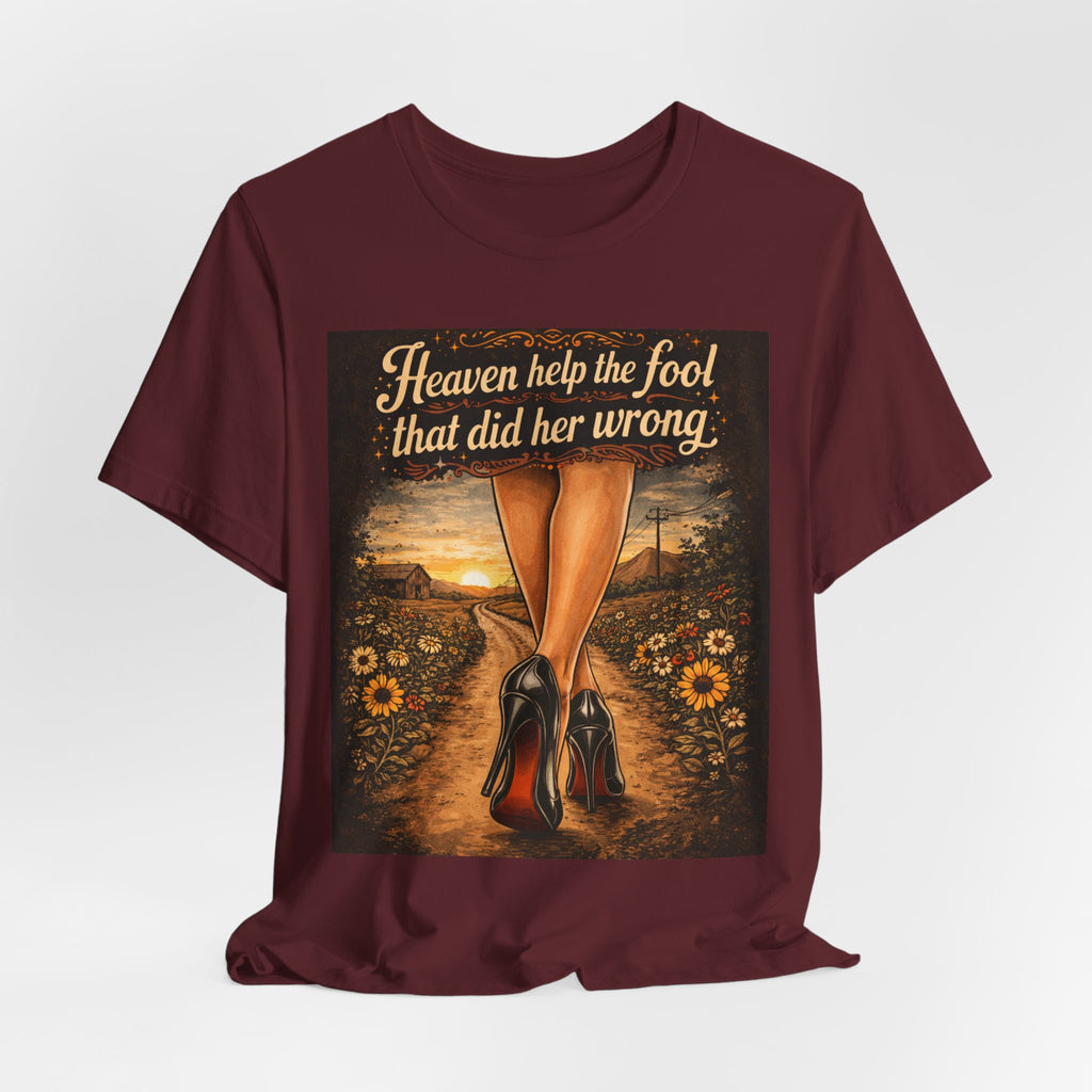 Heaven Help the Fool Graphic Tee — Retro Sunset Pinup Legs Shirt