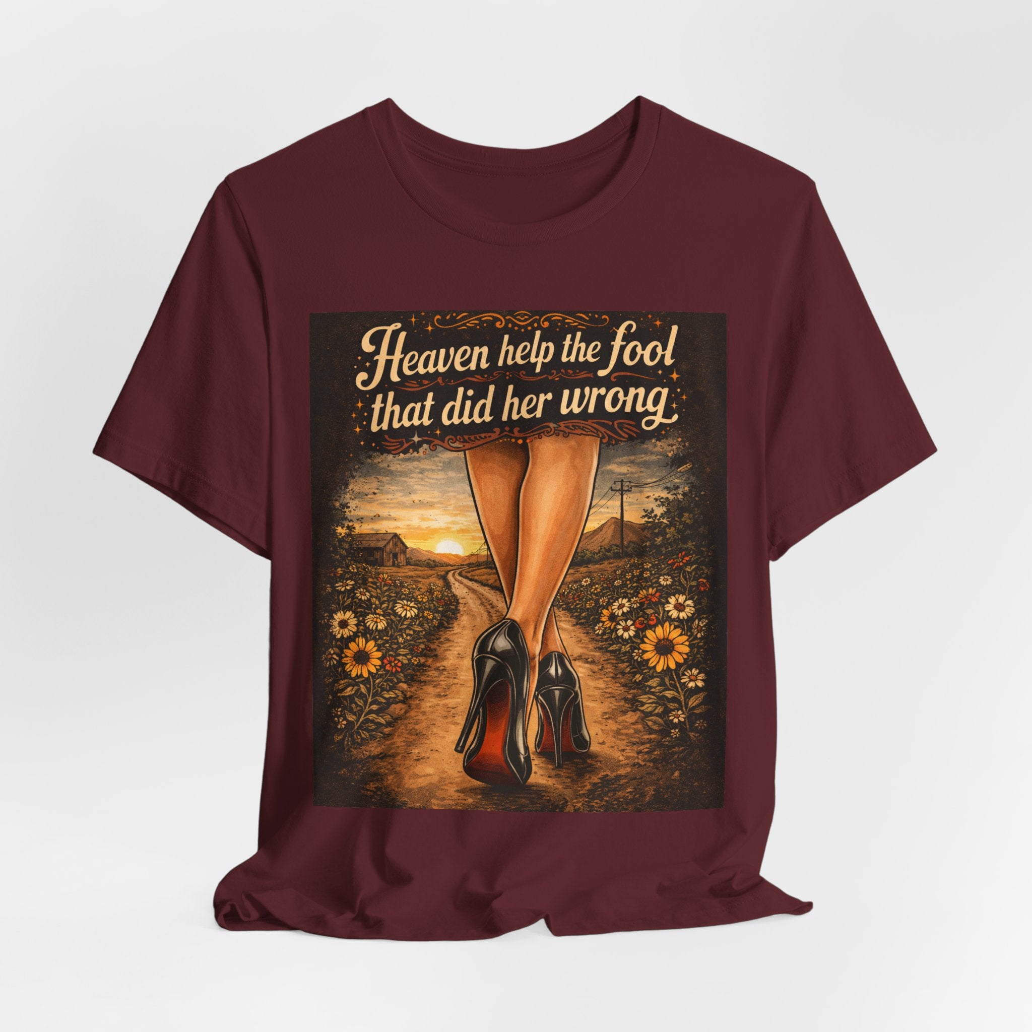 Heaven Help the Fool Graphic Tee — Retro Sunset Pinup Legs Shirt