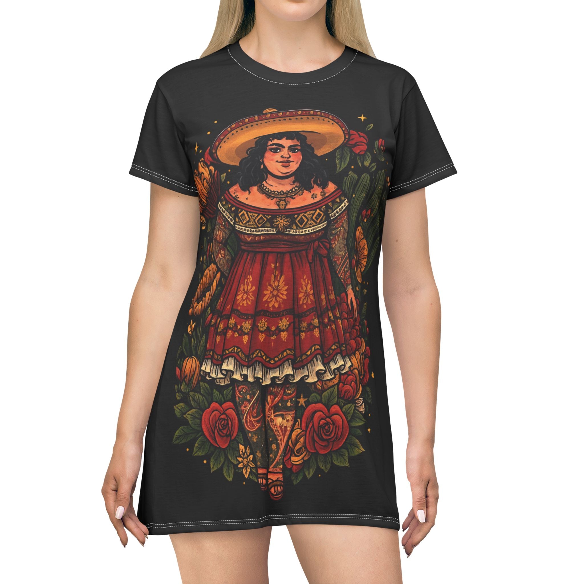 Floral Mexican Folk Art T-Shirt Dress — Vintage Dancer Illustration