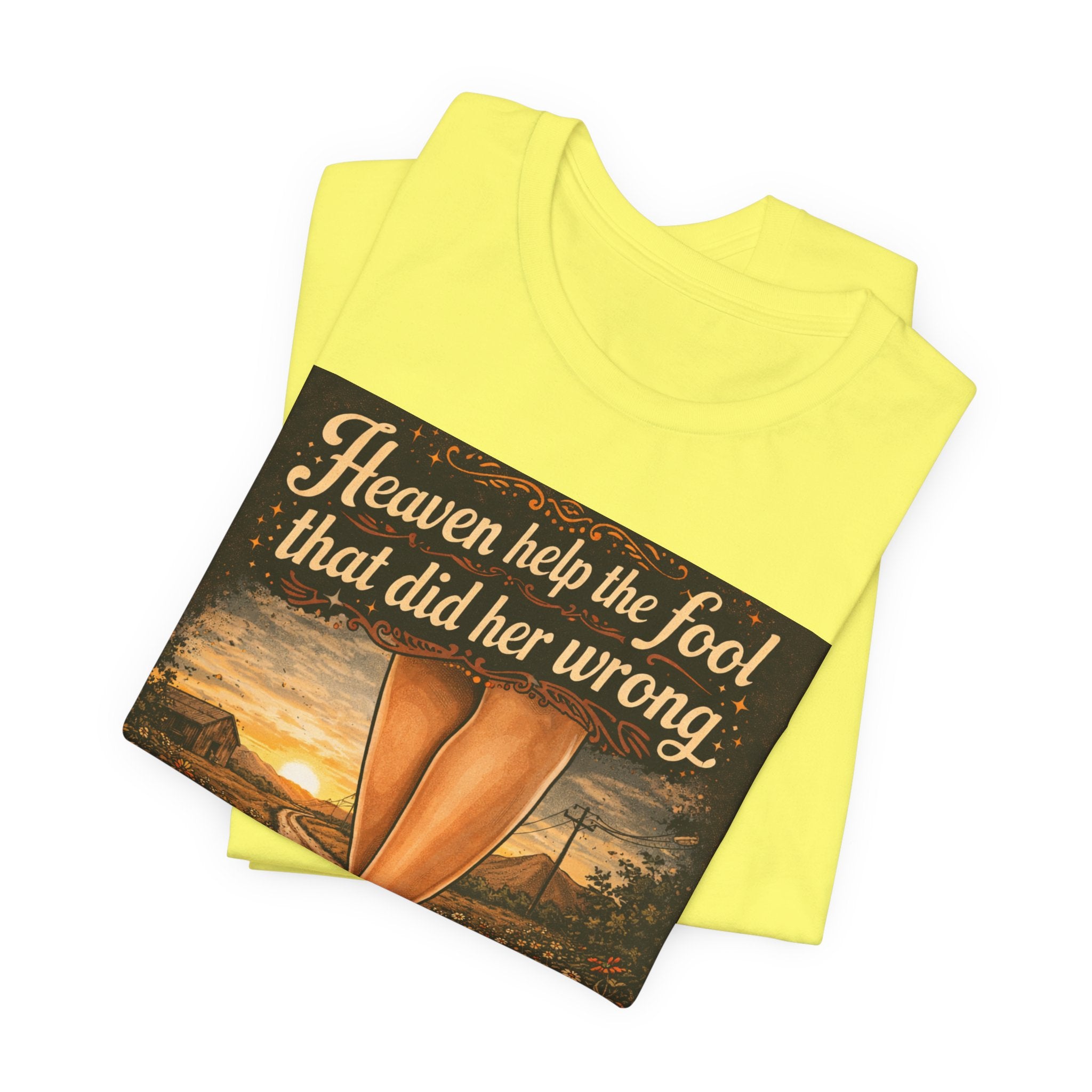 Heaven Help the Fool Graphic Tee — Retro Sunset Pinup Legs Shirt