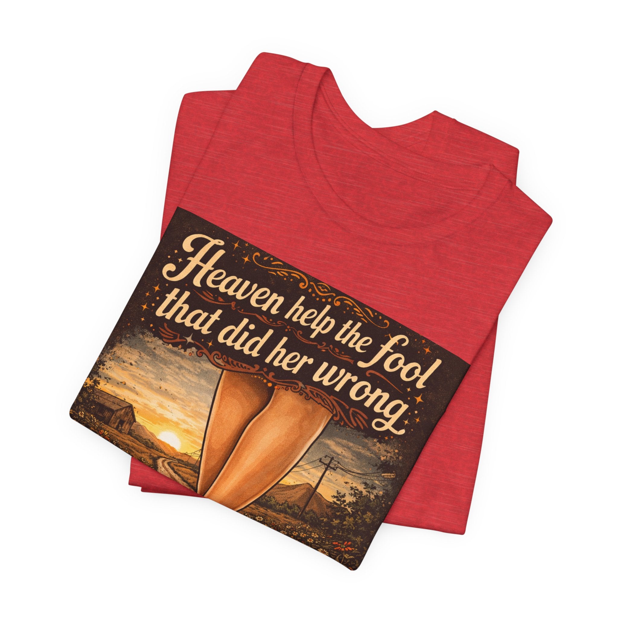 Heaven Help the Fool Graphic Tee — Retro Sunset Pinup Legs Shirt