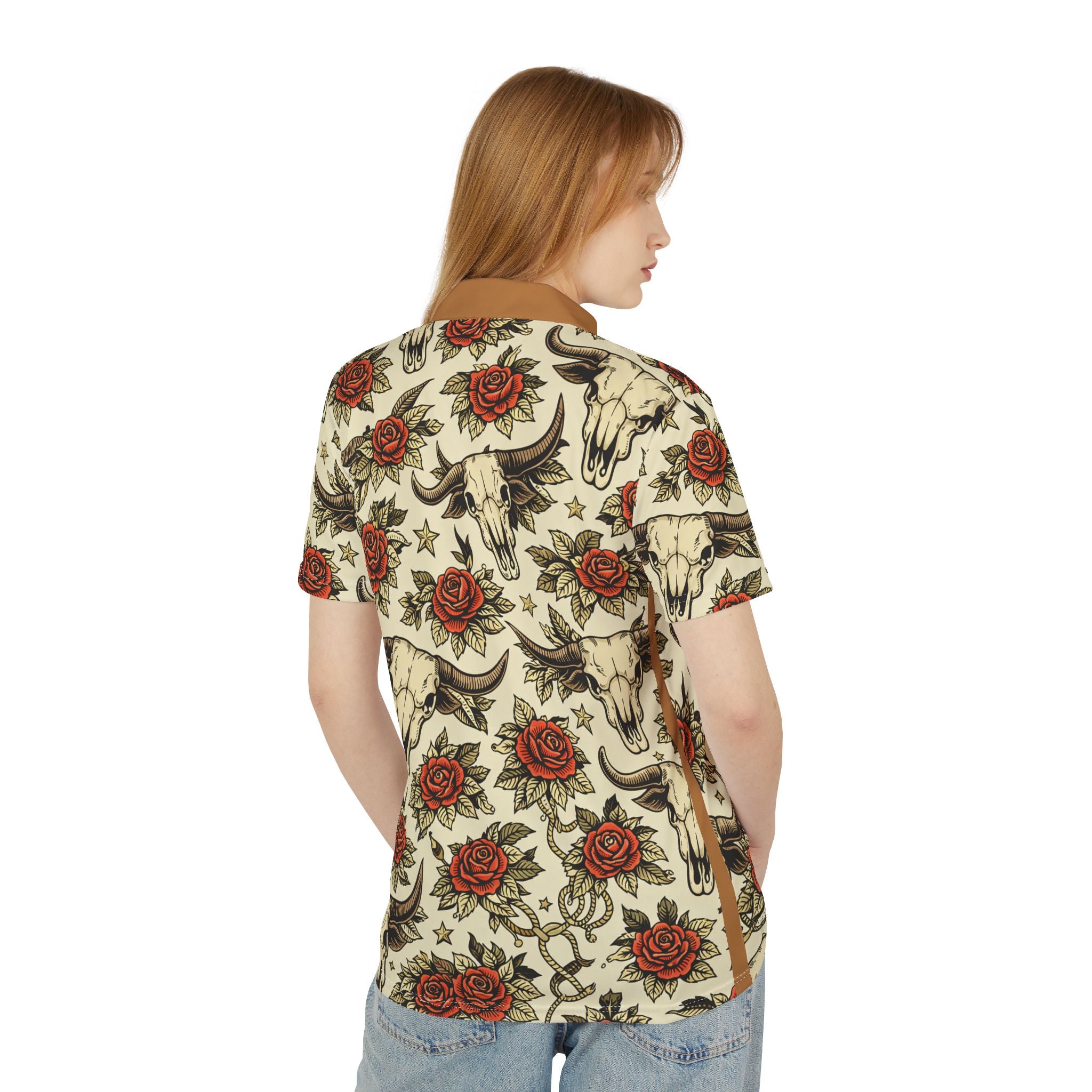 Western Skull & Rose Polo Shirt — All-Over Vintage Tattoo Design