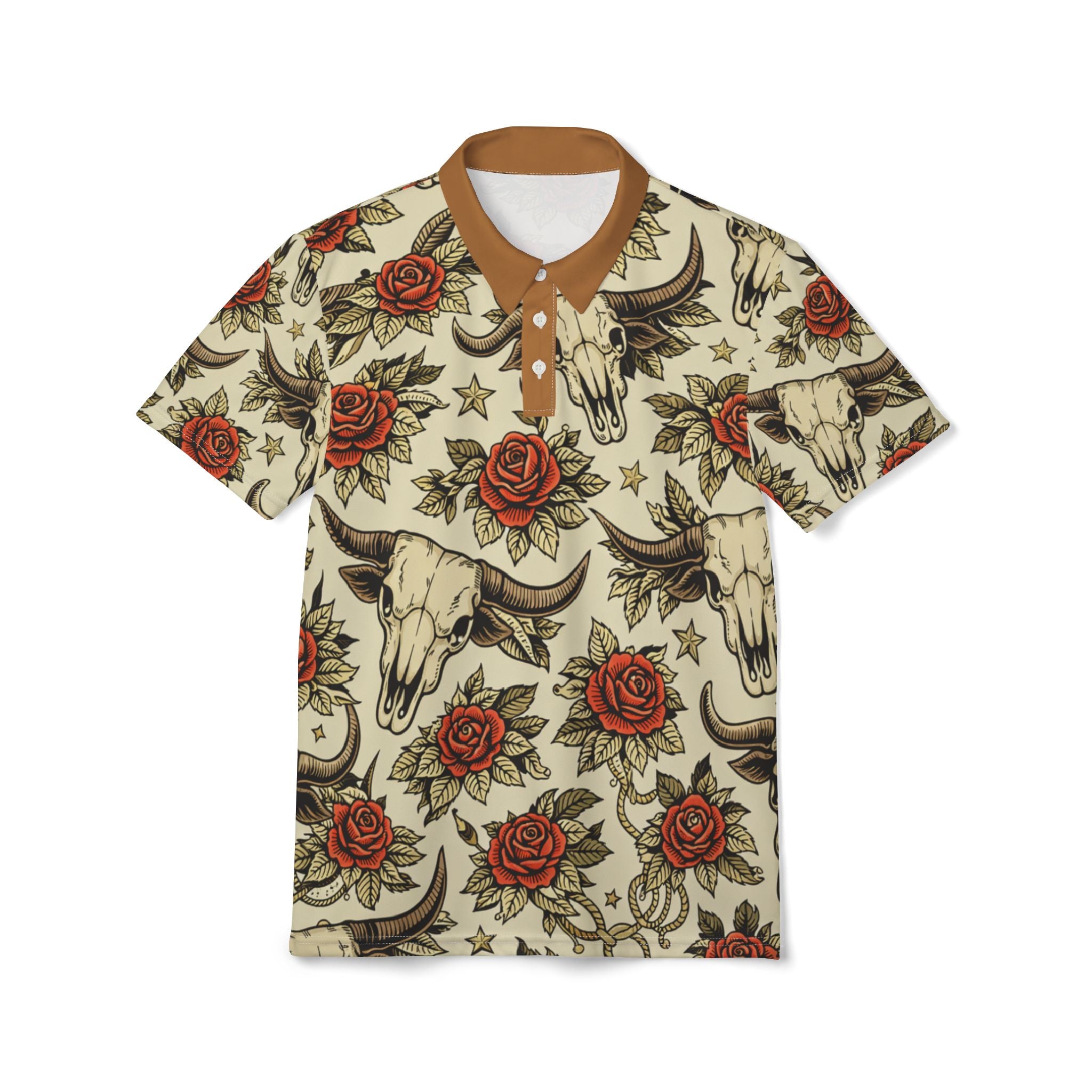 Western Skull & Rose Polo Shirt — All-Over Vintage Tattoo Design