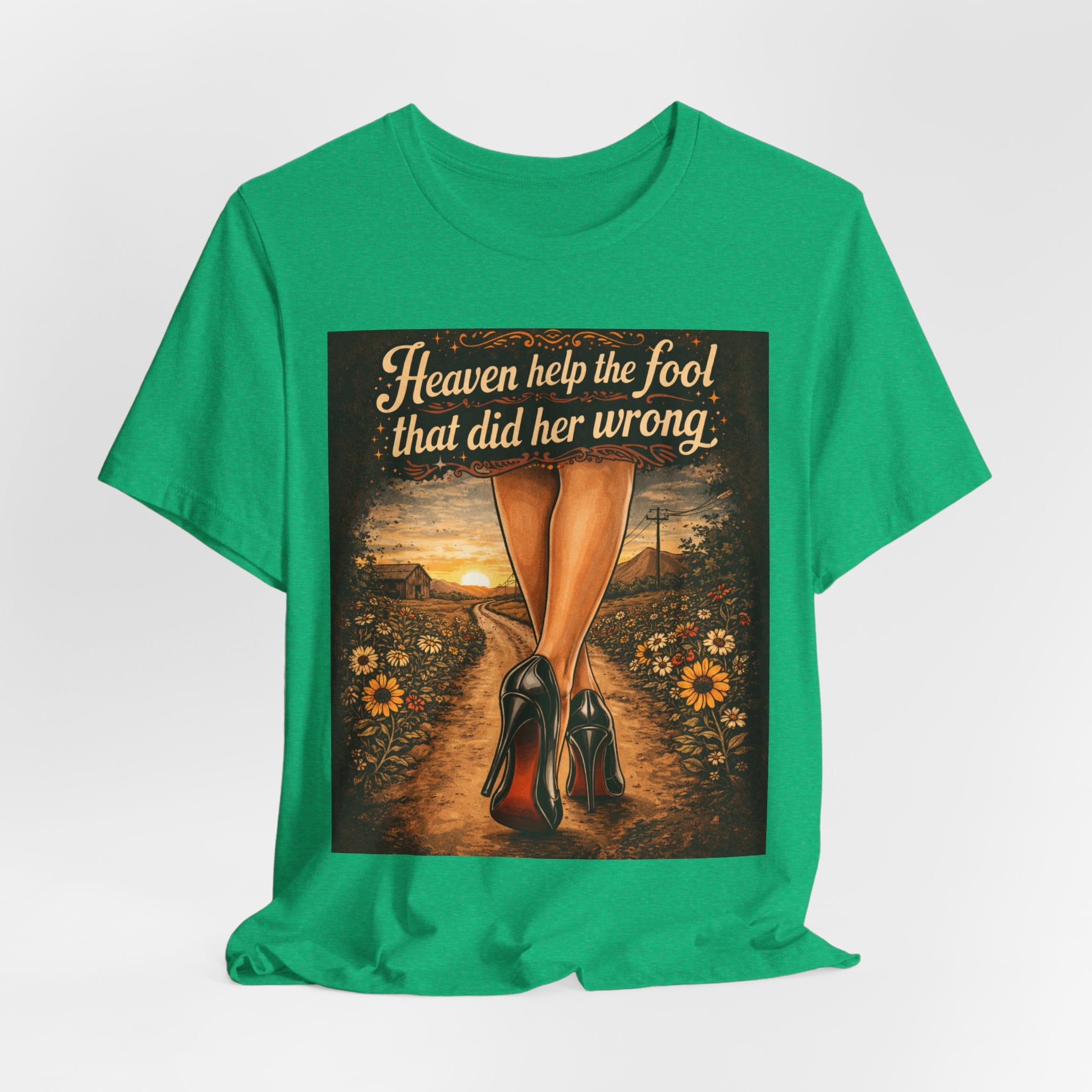 Heaven Help the Fool Graphic Tee — Retro Sunset Pinup Legs Shirt