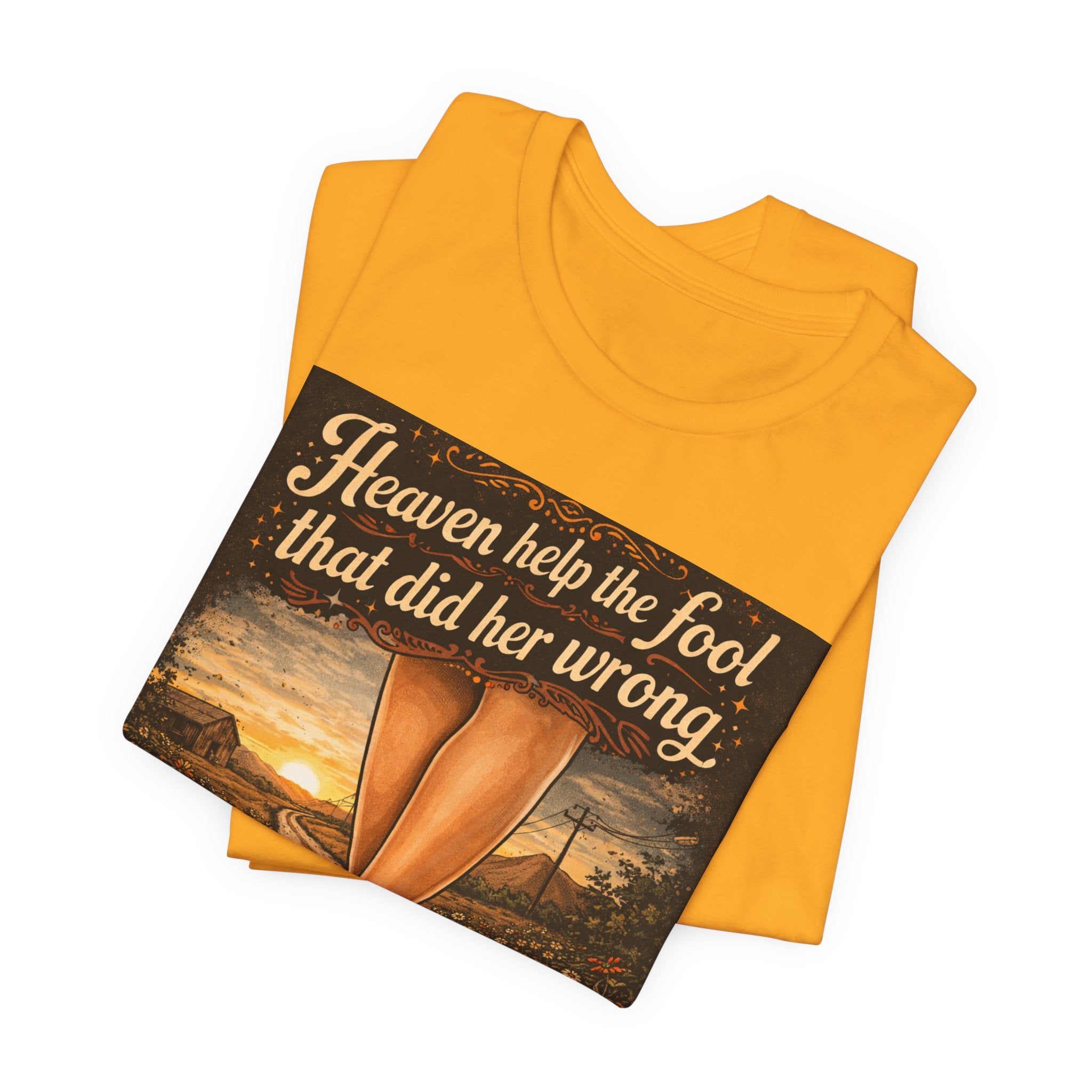 Heaven Help the Fool Graphic Tee — Retro Sunset Pinup Legs Shirt