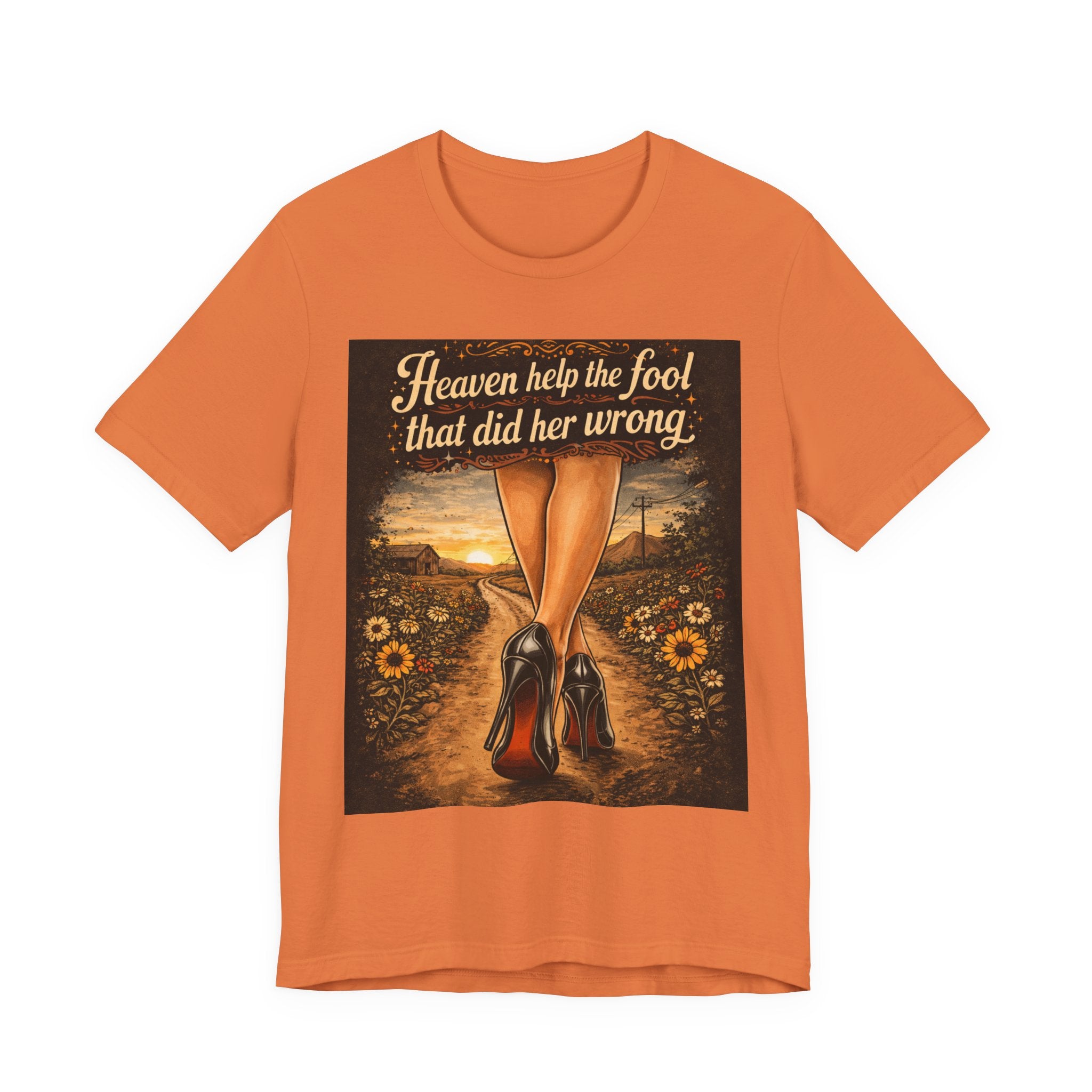 Heaven Help the Fool Graphic Tee — Retro Sunset Pinup Legs Shirt