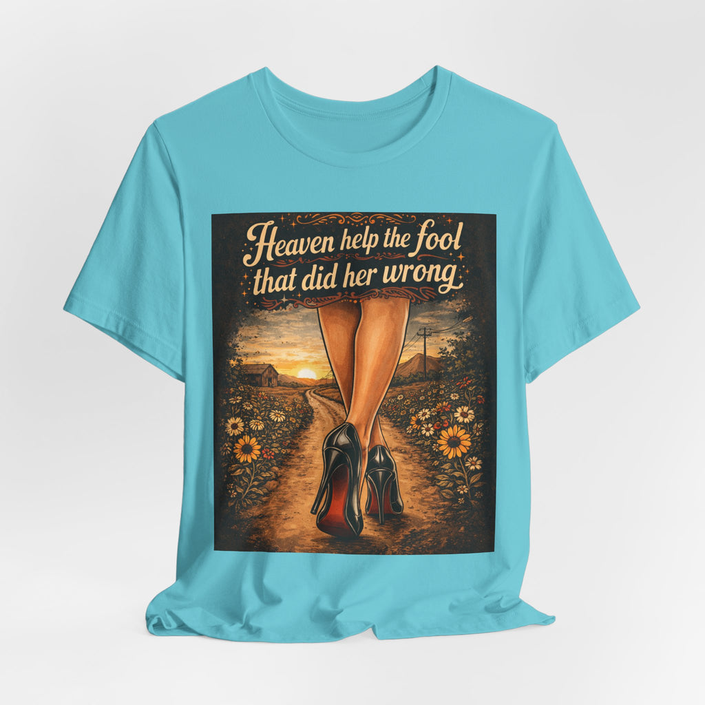 Heaven Help the Fool Graphic Tee — Retro Sunset Pinup Legs Shirt