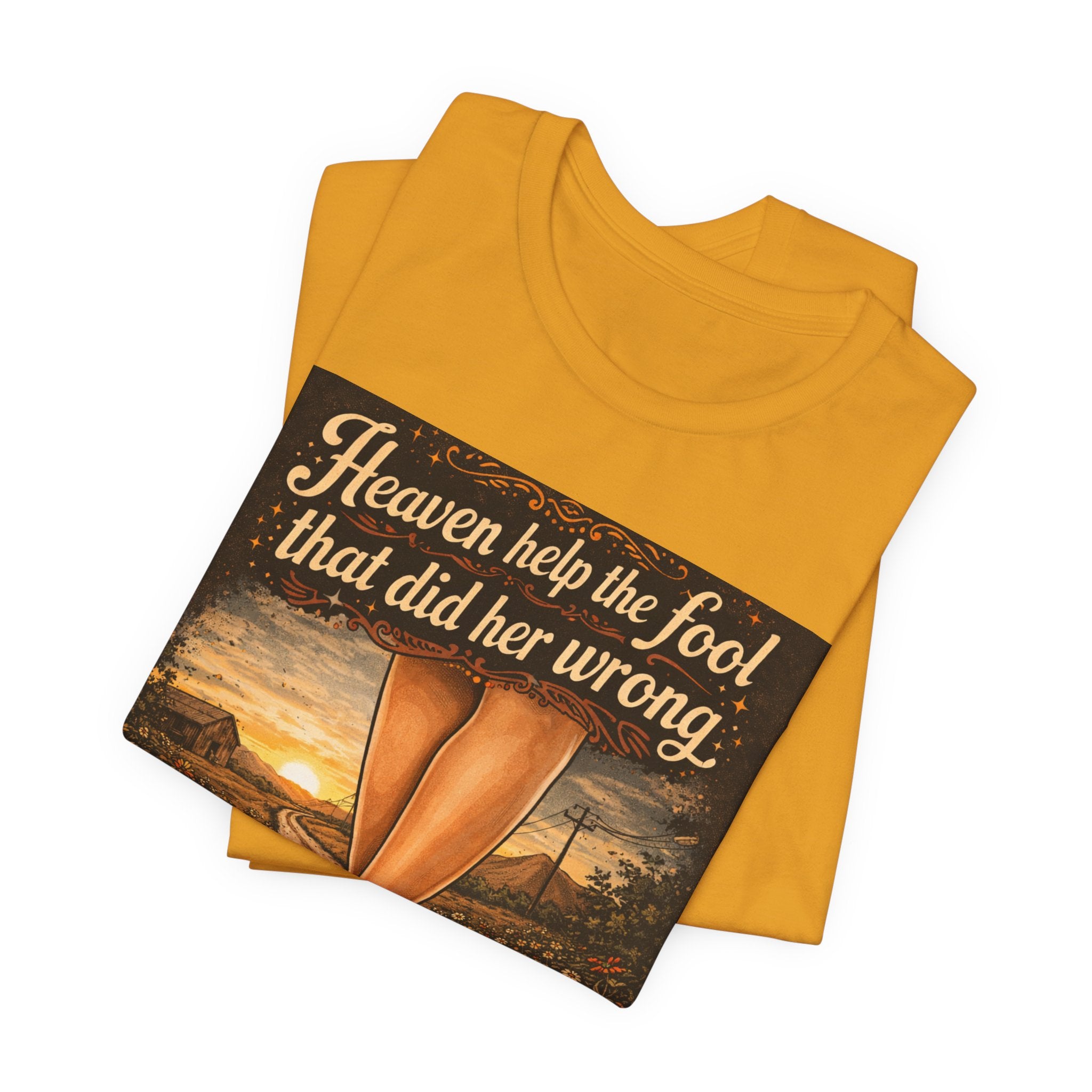 Heaven Help the Fool Graphic Tee — Retro Sunset Pinup Legs Shirt