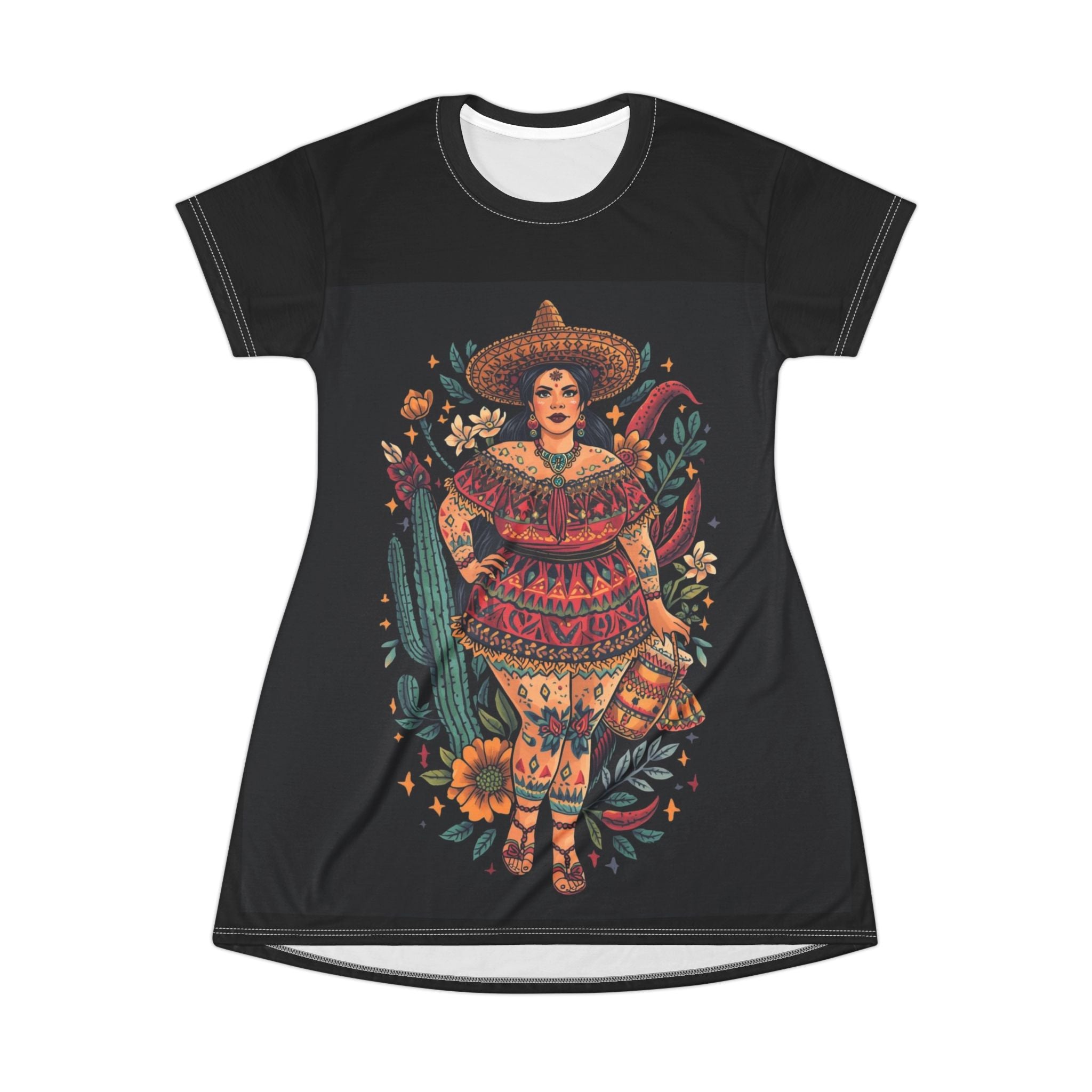 Folk Fiesta T-Shirt Dress — Vibrant Mexican Dancer All-Over Print