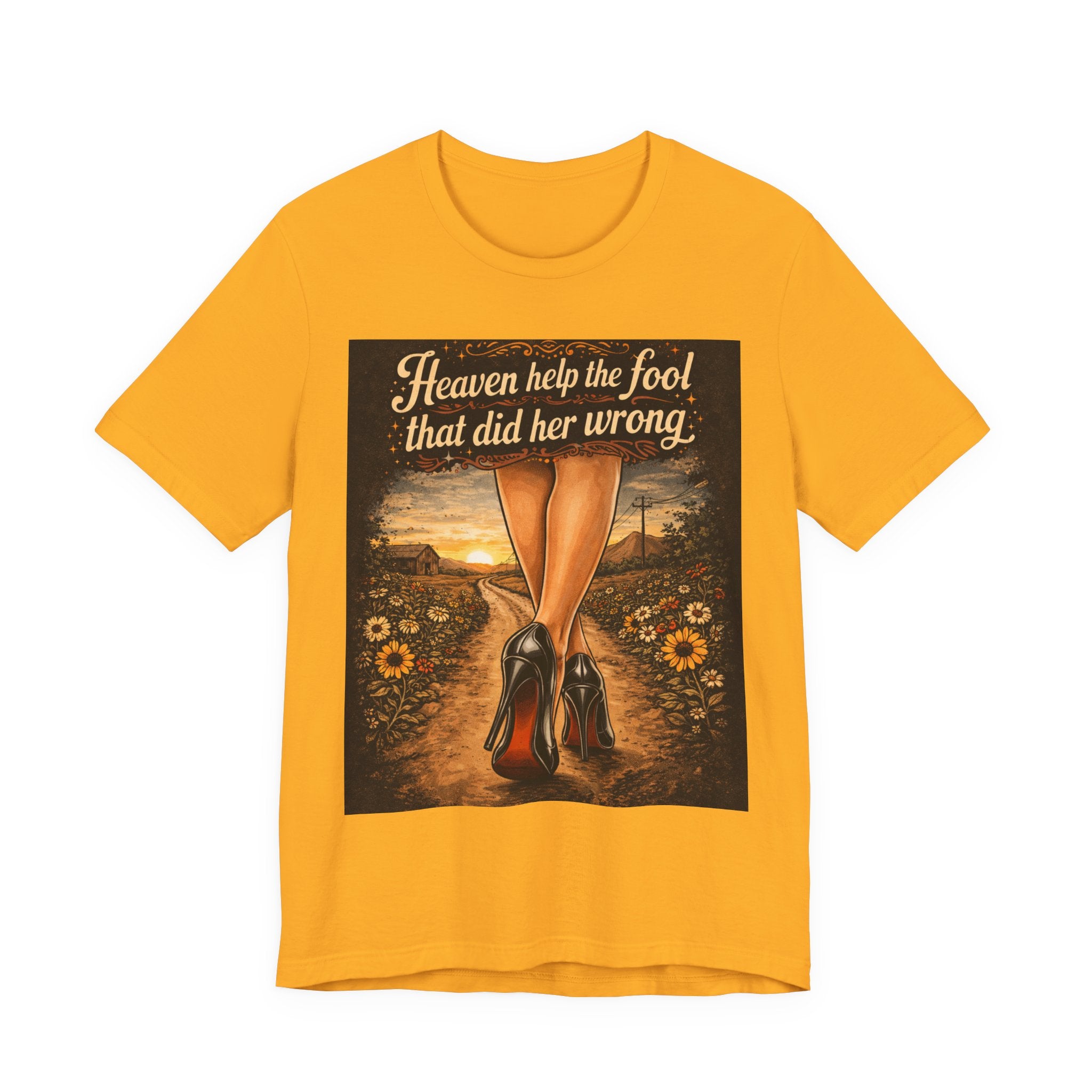 Heaven Help the Fool Graphic Tee — Retro Sunset Pinup Legs Shirt