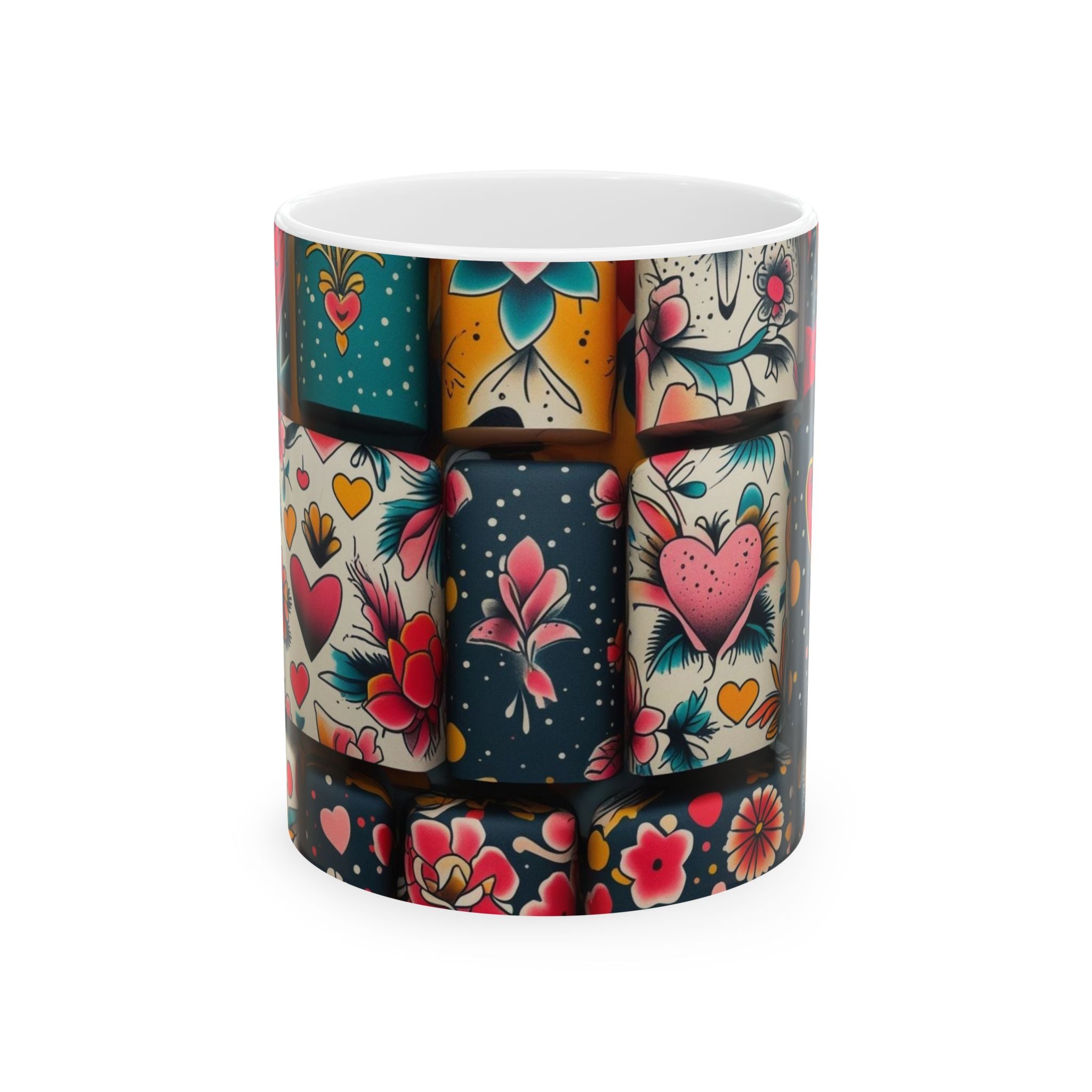 Floral Patchwork Ceramic Mug – Colorful Folk Art Heart & Flower Design (11oz & 15oz)