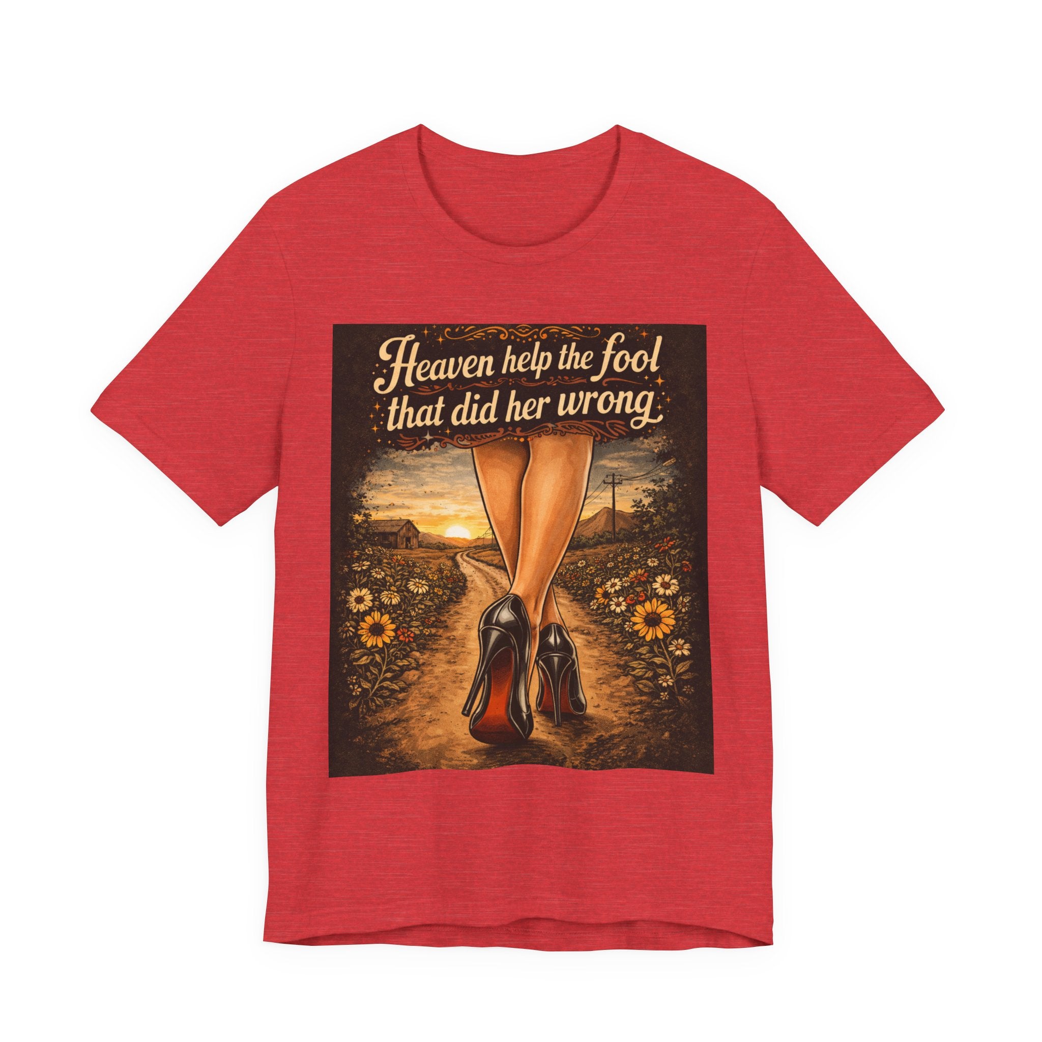 Heaven Help the Fool Graphic Tee — Retro Sunset Pinup Legs Shirt