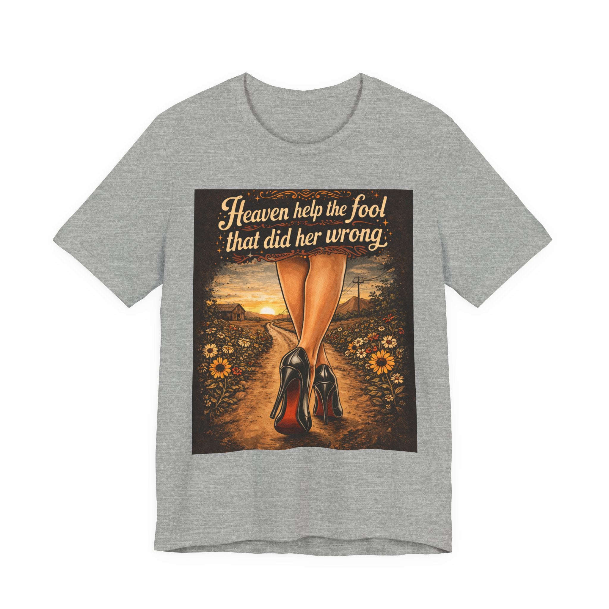 Heaven Help the Fool Graphic Tee — Retro Sunset Pinup Legs Shirt