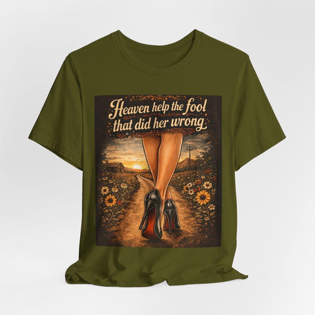 Heaven Help the Fool Graphic Tee — Retro Sunset Pinup Legs Shirt
