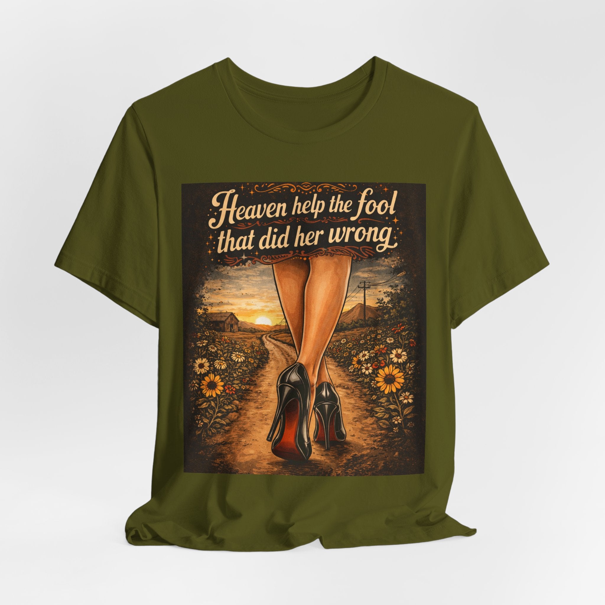 Heaven Help the Fool Graphic Tee — Retro Sunset Pinup Legs Shirt