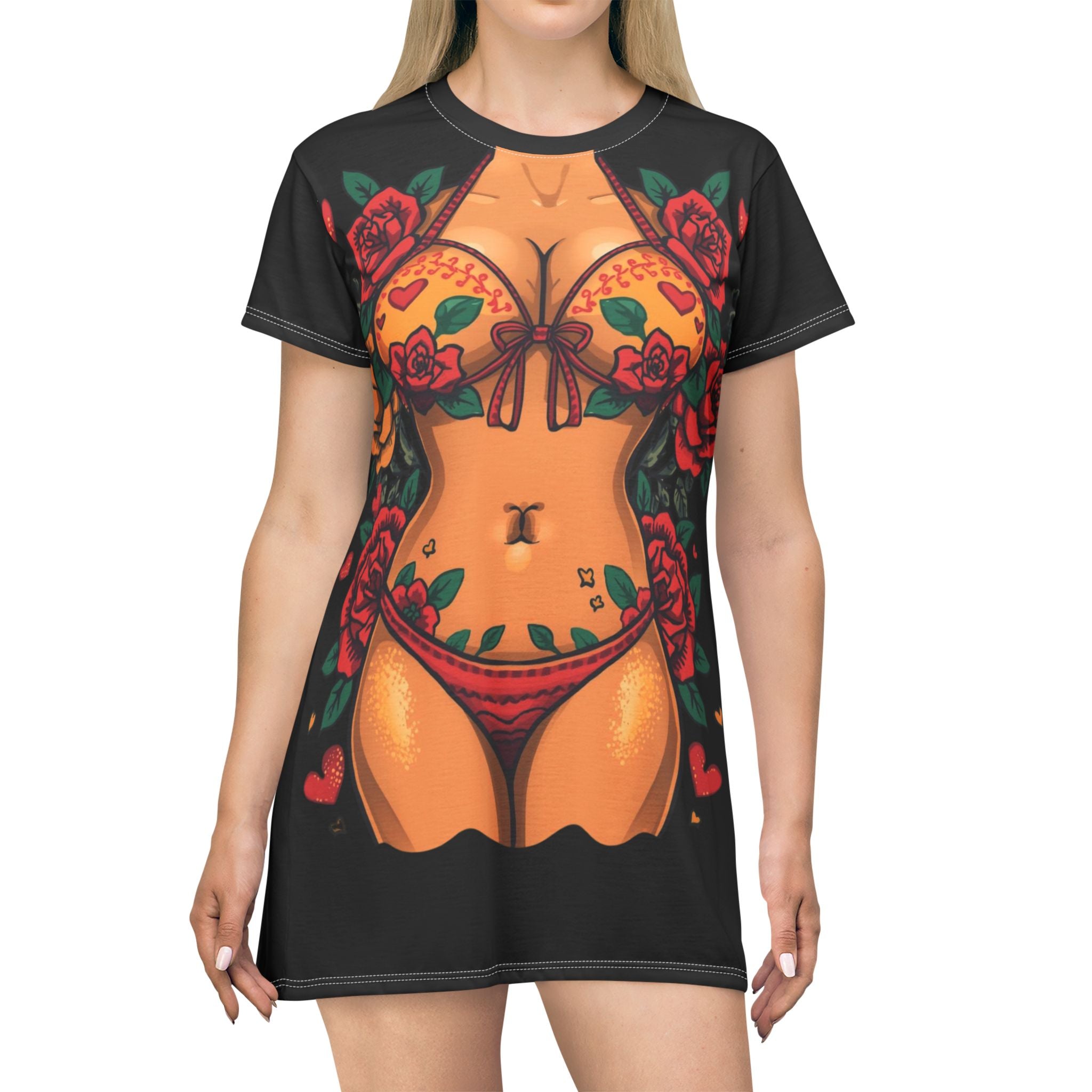 Floral Pin-Up T-Shirt Dress — Rose Bikini Bodice All-Over Print