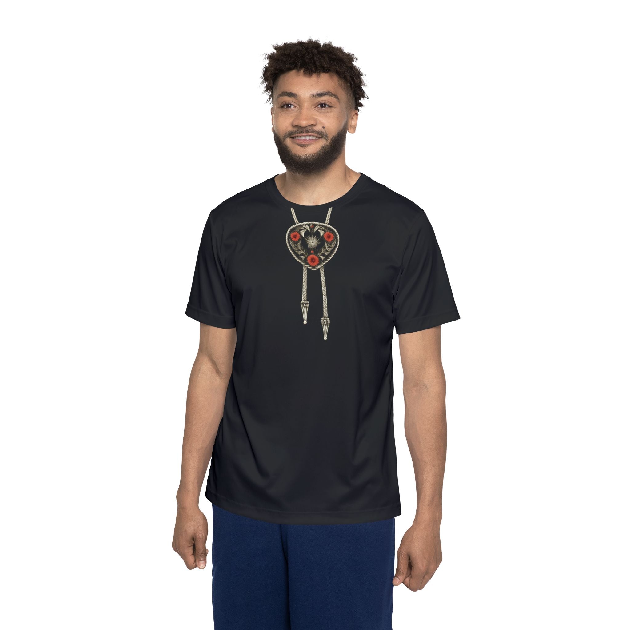 Men's Black Sports Jersey with Bolo Tie Heart Graphic
