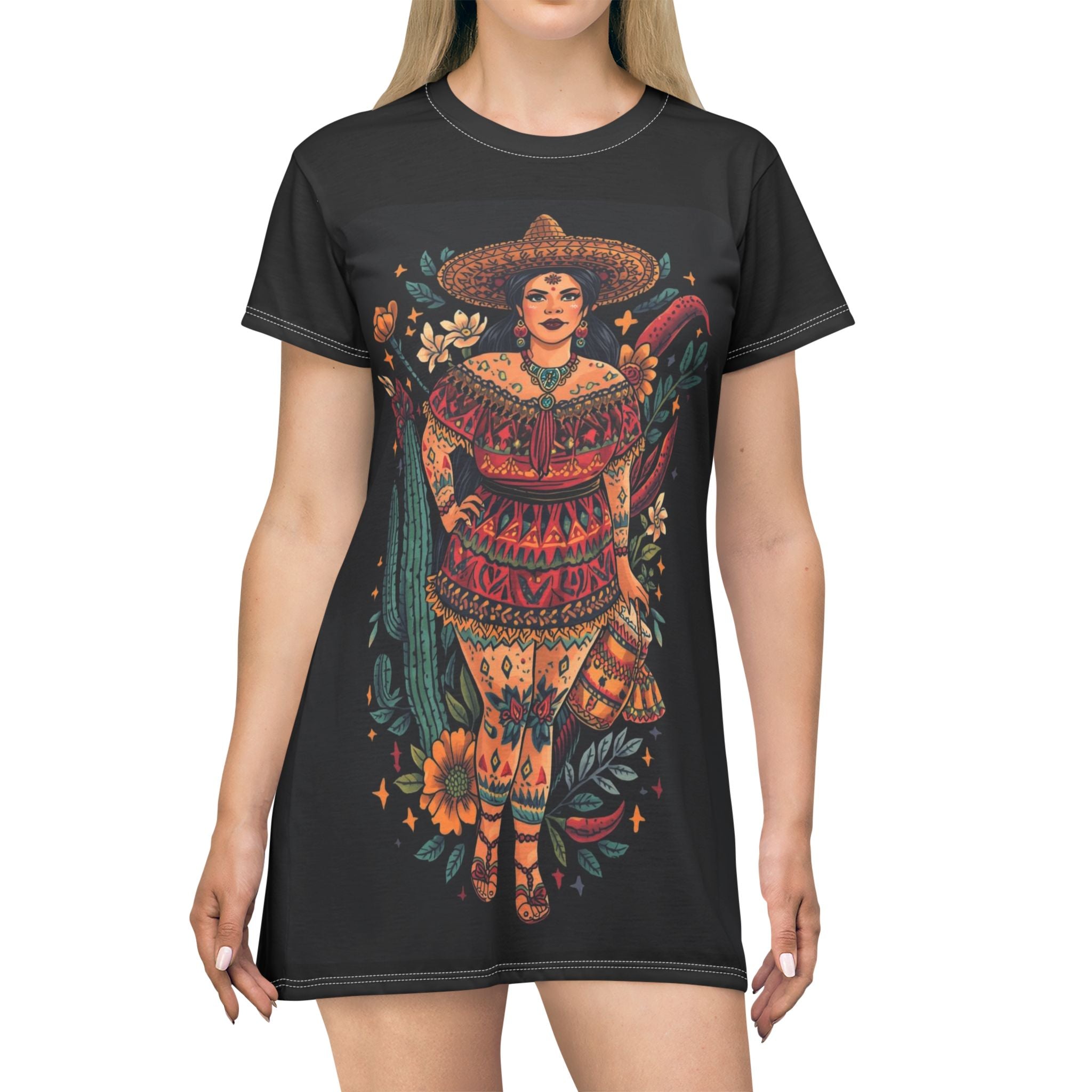 Folk Fiesta T-Shirt Dress — Vibrant Mexican Dancer All-Over Print