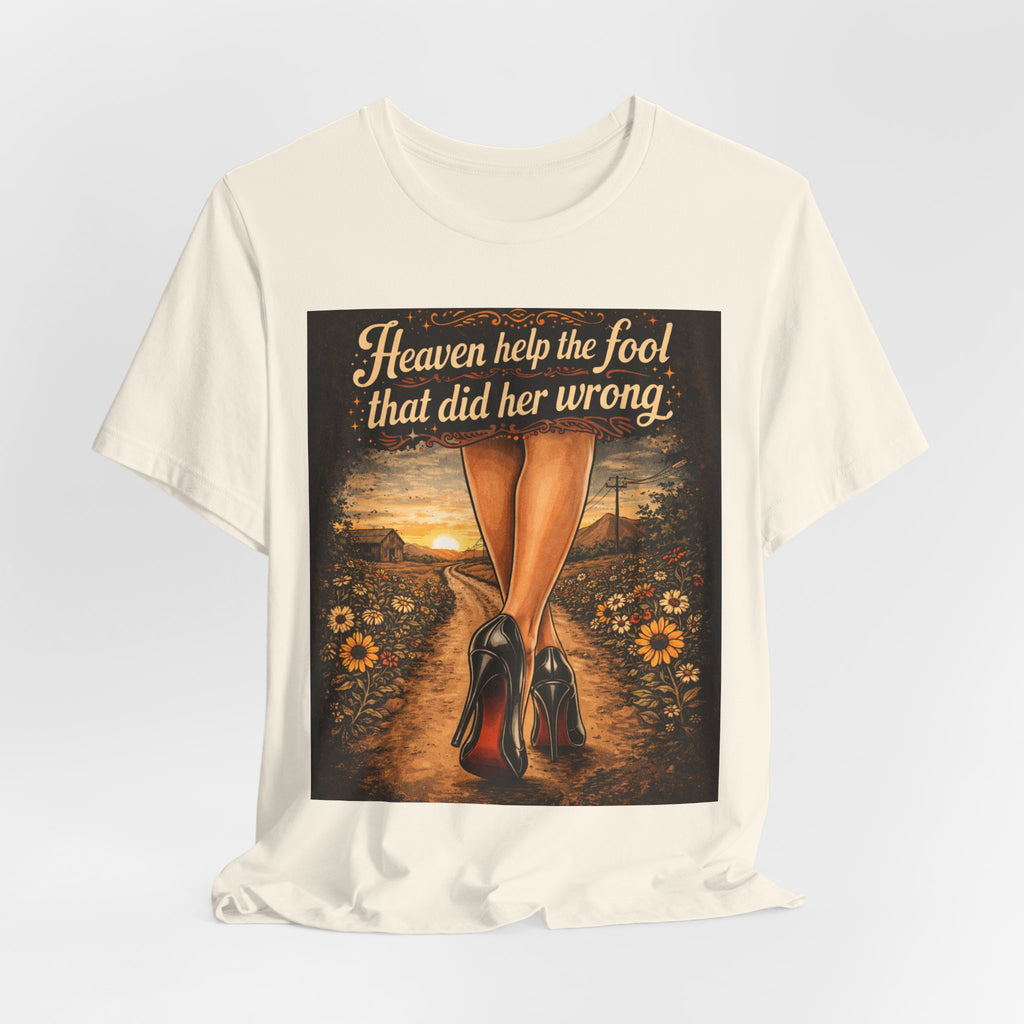 Heaven Help the Fool Graphic Tee — Retro Sunset Pinup Legs Shirt