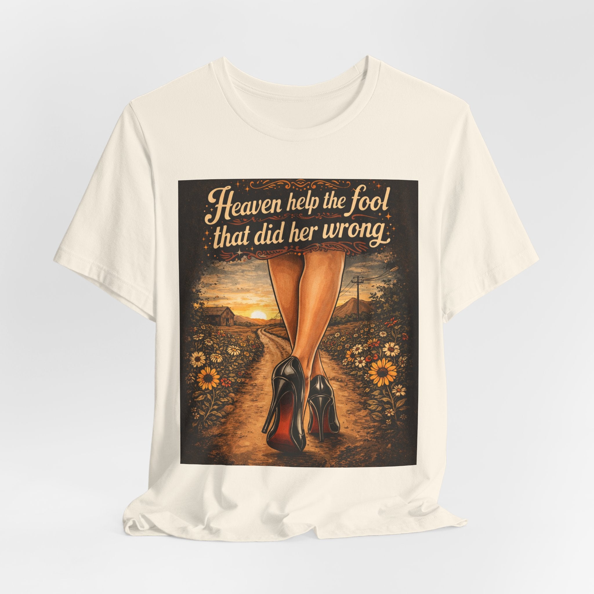 Heaven Help the Fool Graphic Tee — Retro Sunset Pinup Legs Shirt