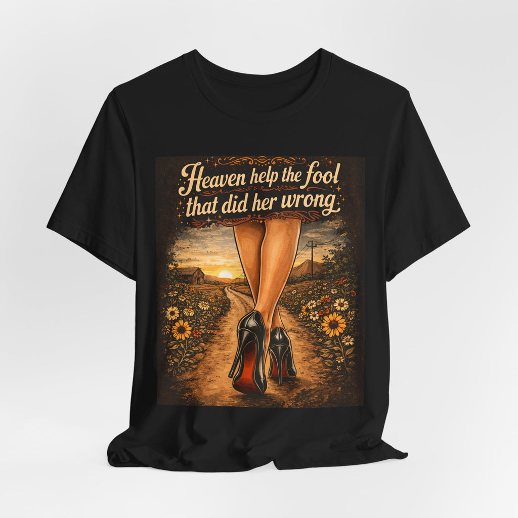 Heaven Help the Fool Graphic Tee — Retro Sunset Pinup Legs Shirt