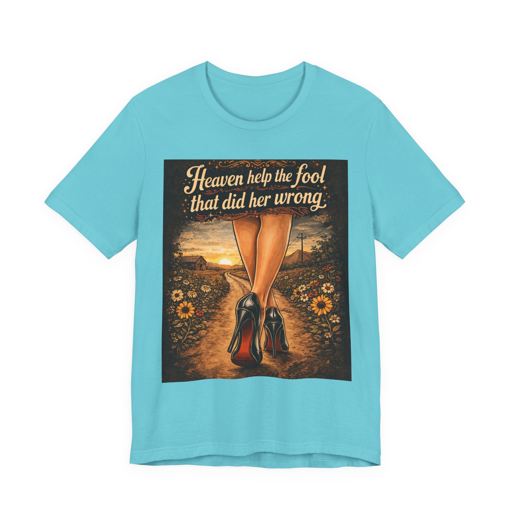 Heaven Help the Fool Graphic Tee — Retro Sunset Pinup Legs Shirt