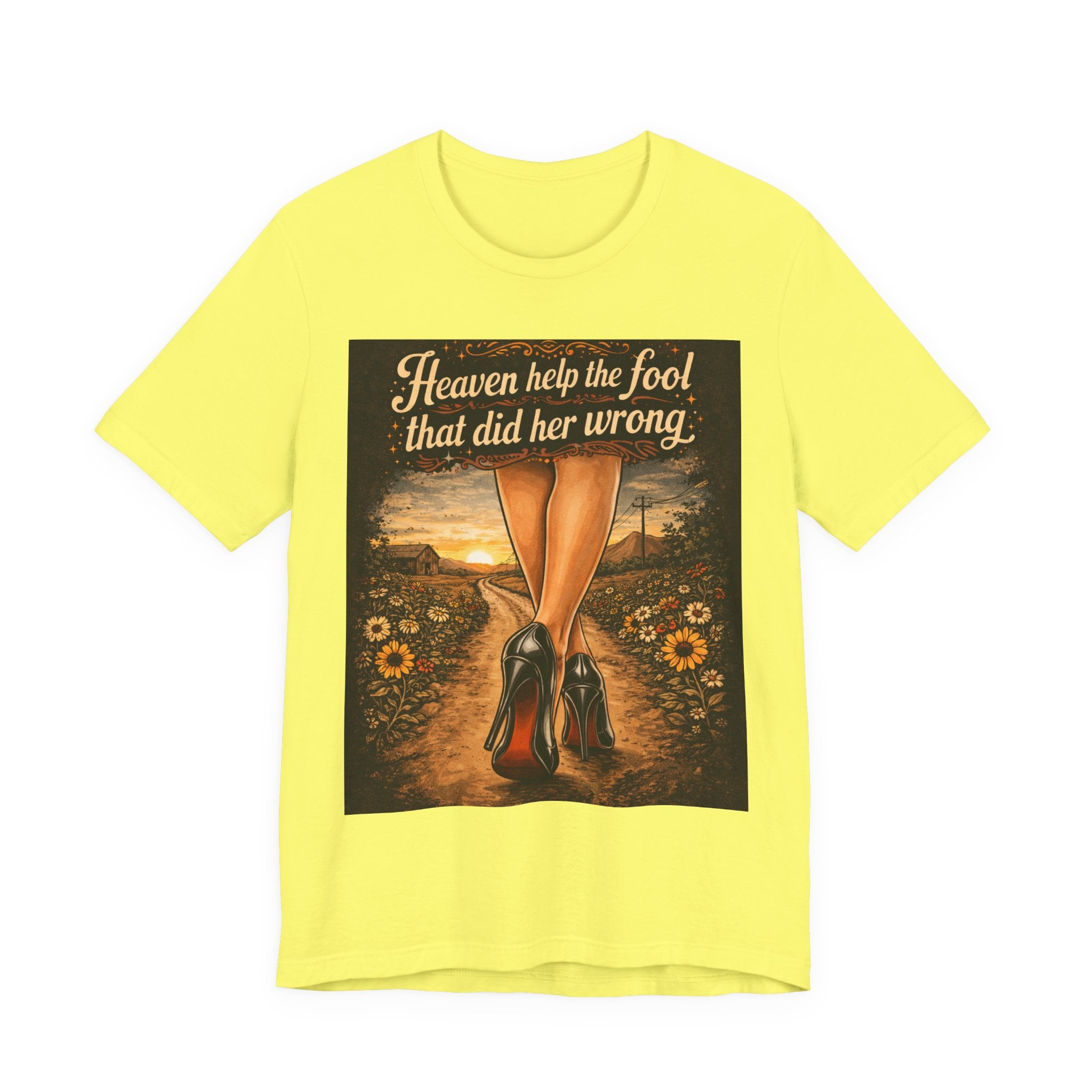 Heaven Help the Fool Graphic Tee — Retro Sunset Pinup Legs Shirt