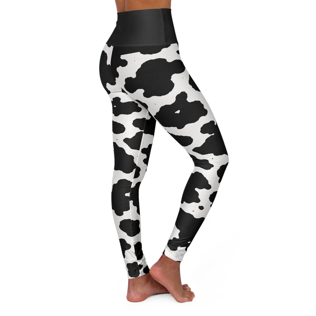 Cow Print High-Waist Yoga Leggings — Black & White Asymmetric Pattern
