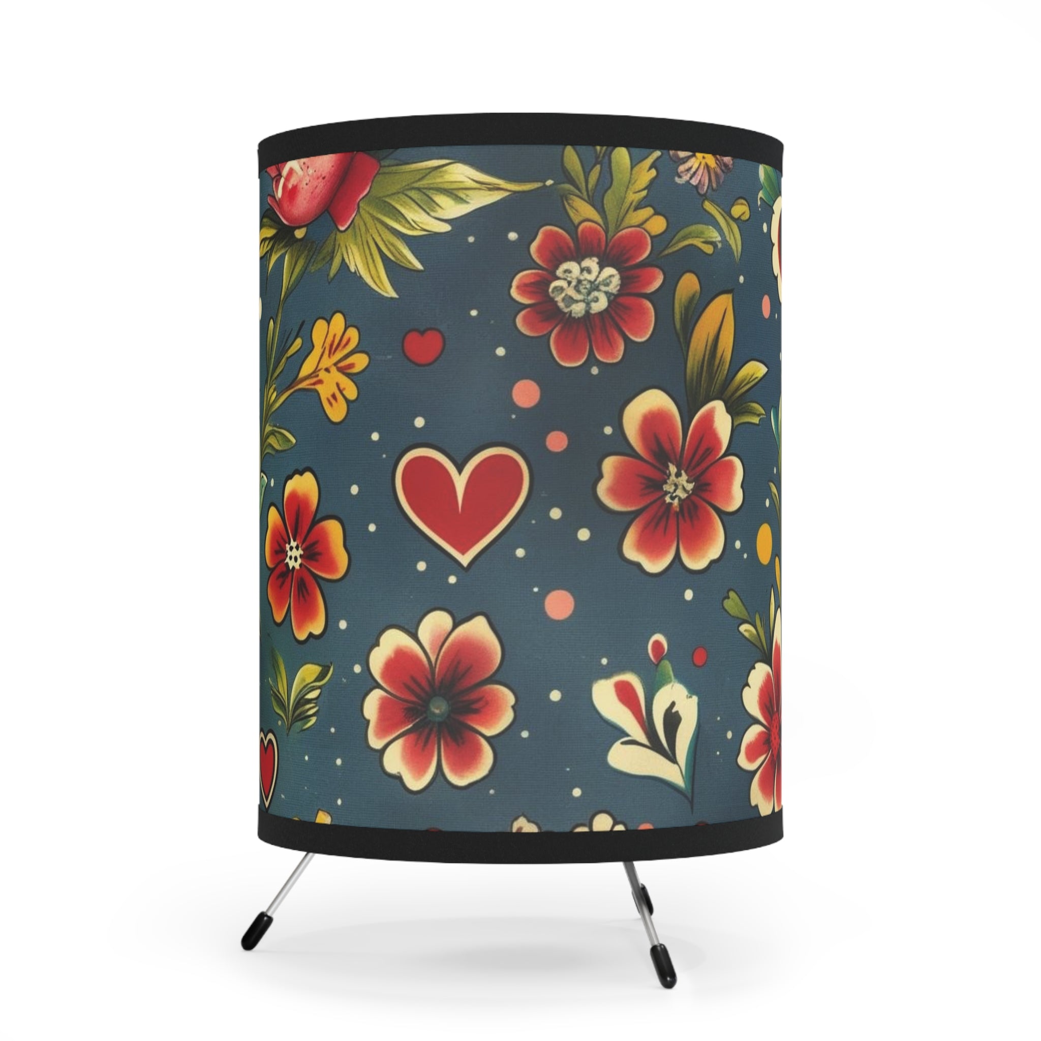 Floral Heart Tripod Lamp — Vintage Folk Print Shade