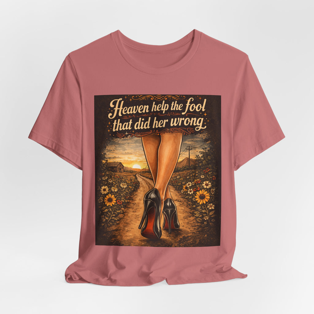 Heaven Help the Fool Graphic Tee — Retro Sunset Pinup Legs Shirt