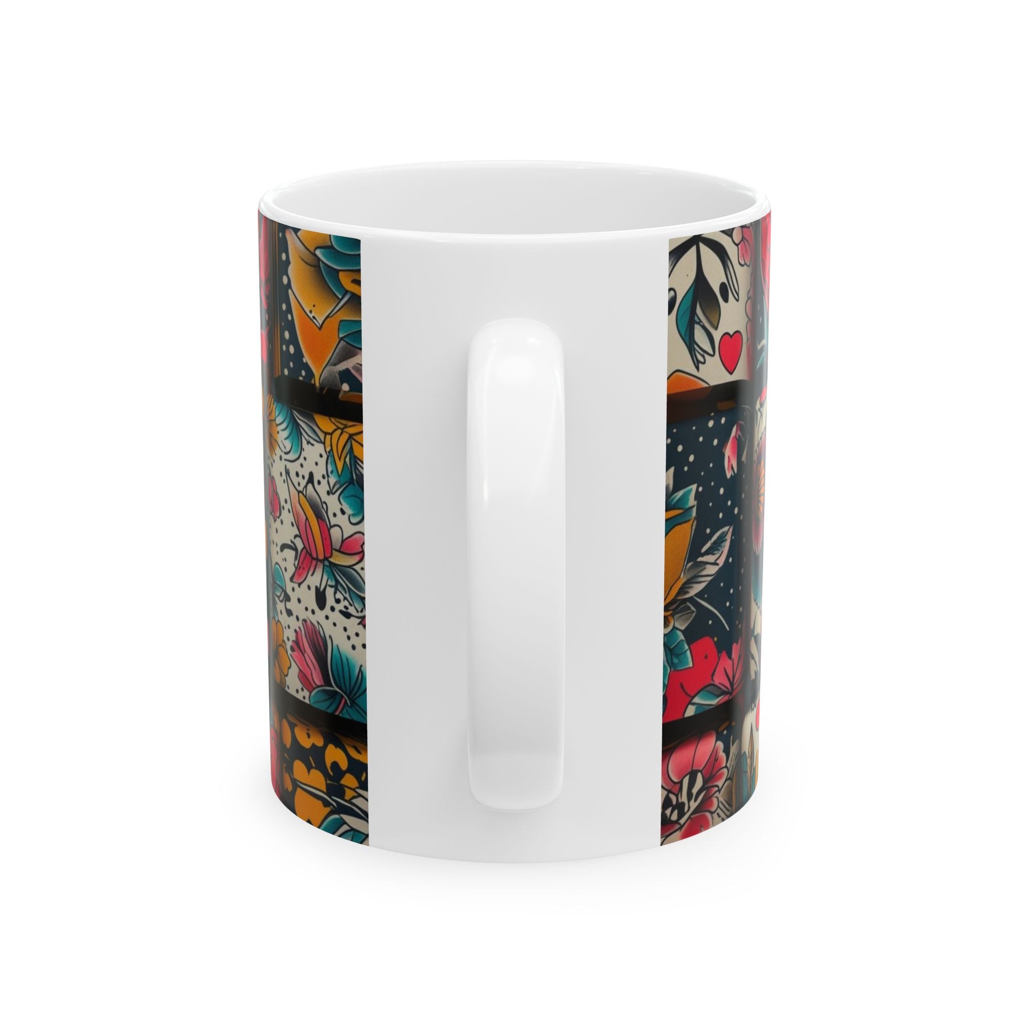 Floral Patchwork Ceramic Mug – Colorful Folk Art Heart & Flower Design (11oz & 15oz)