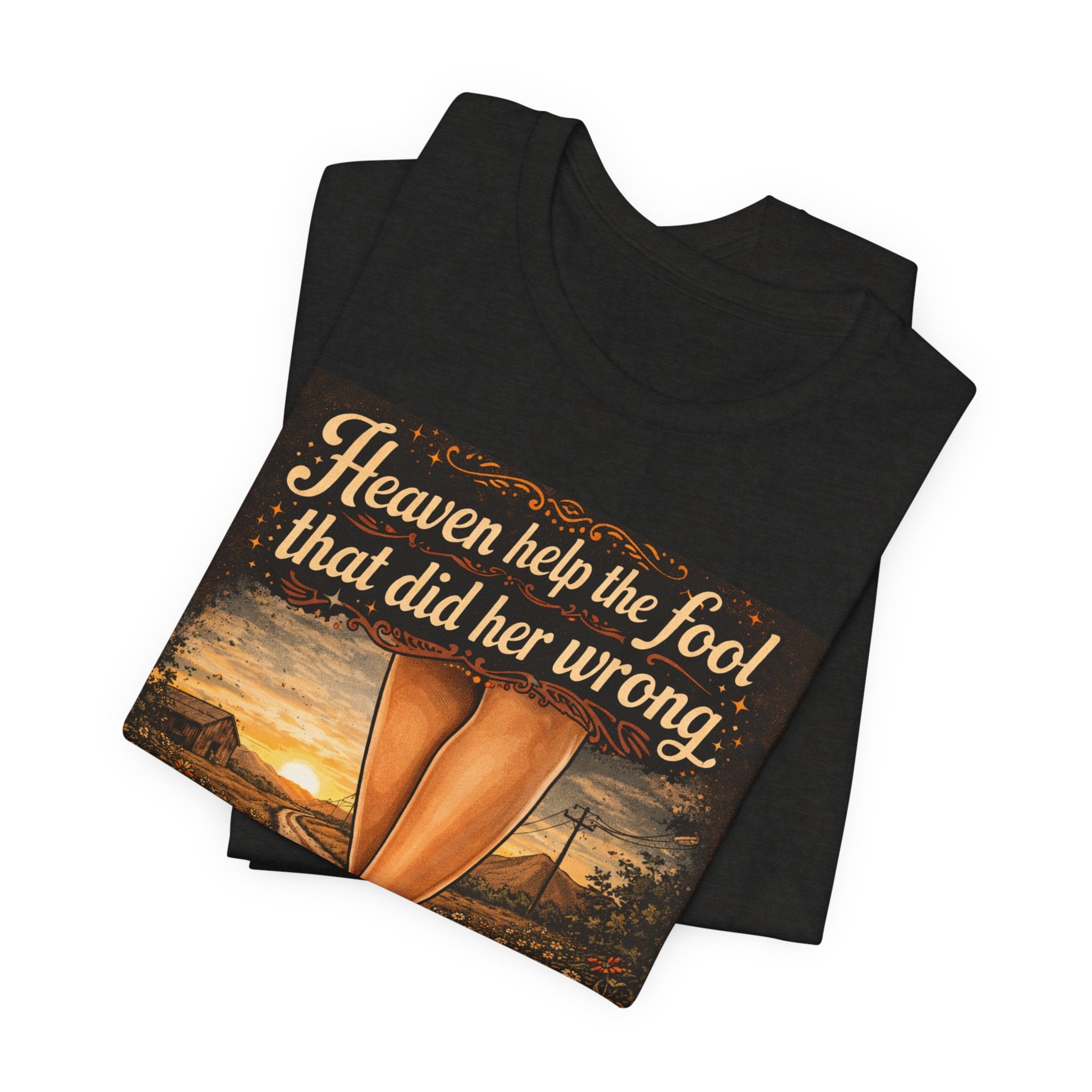 Heaven Help the Fool Graphic Tee — Retro Sunset Pinup Legs Shirt