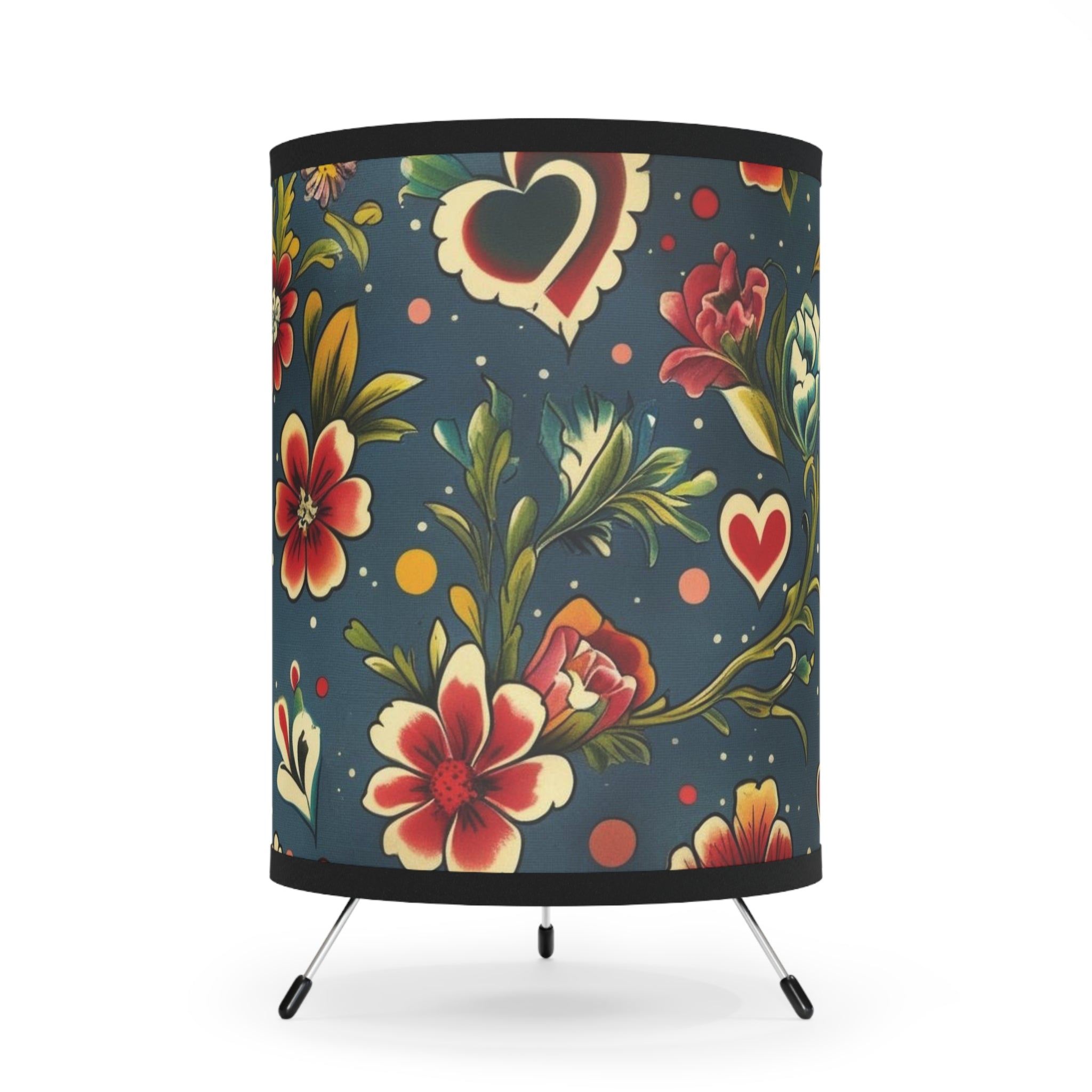 Floral Heart Tripod Lamp — Vintage Folk Print Shade
