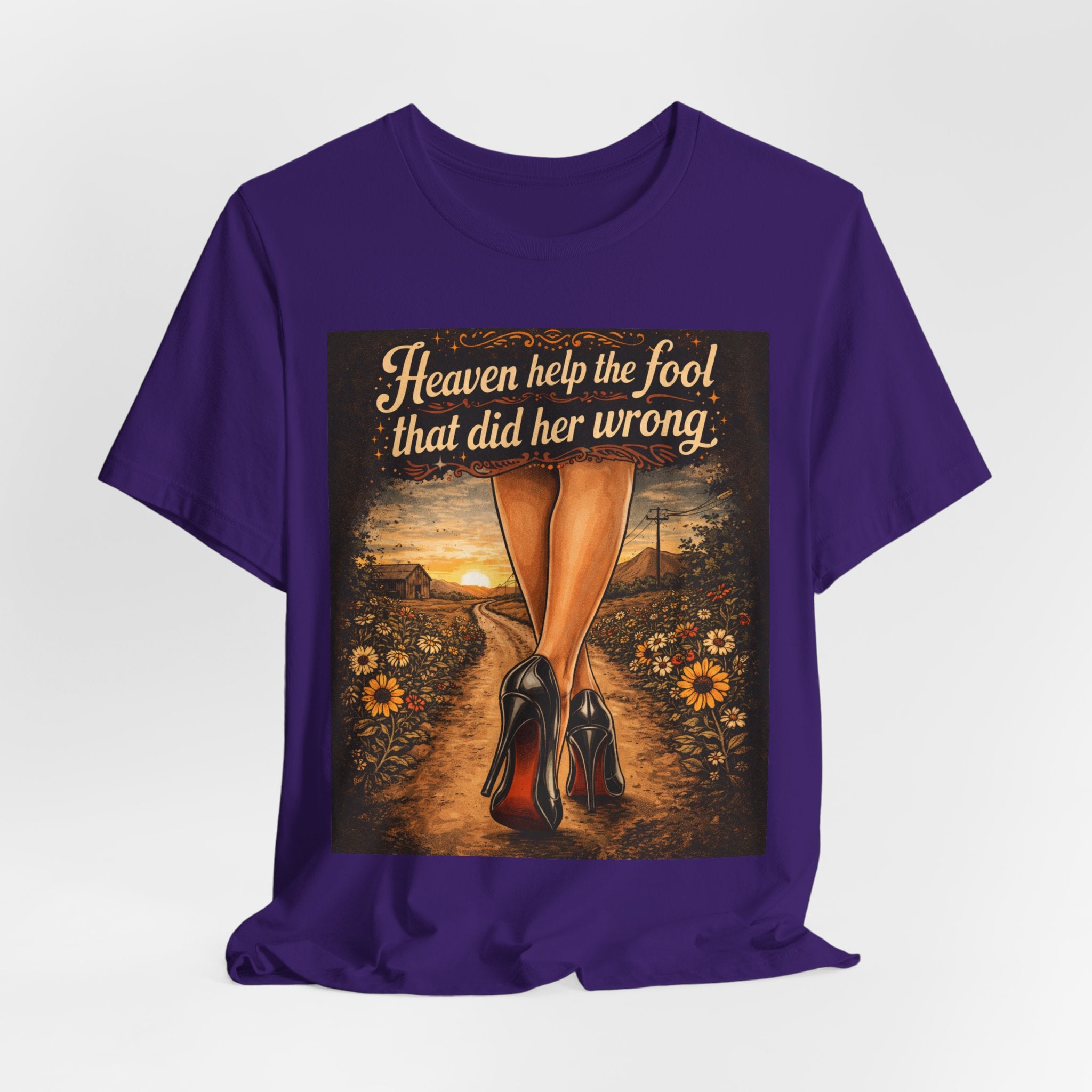 Heaven Help the Fool Graphic Tee — Retro Sunset Pinup Legs Shirt