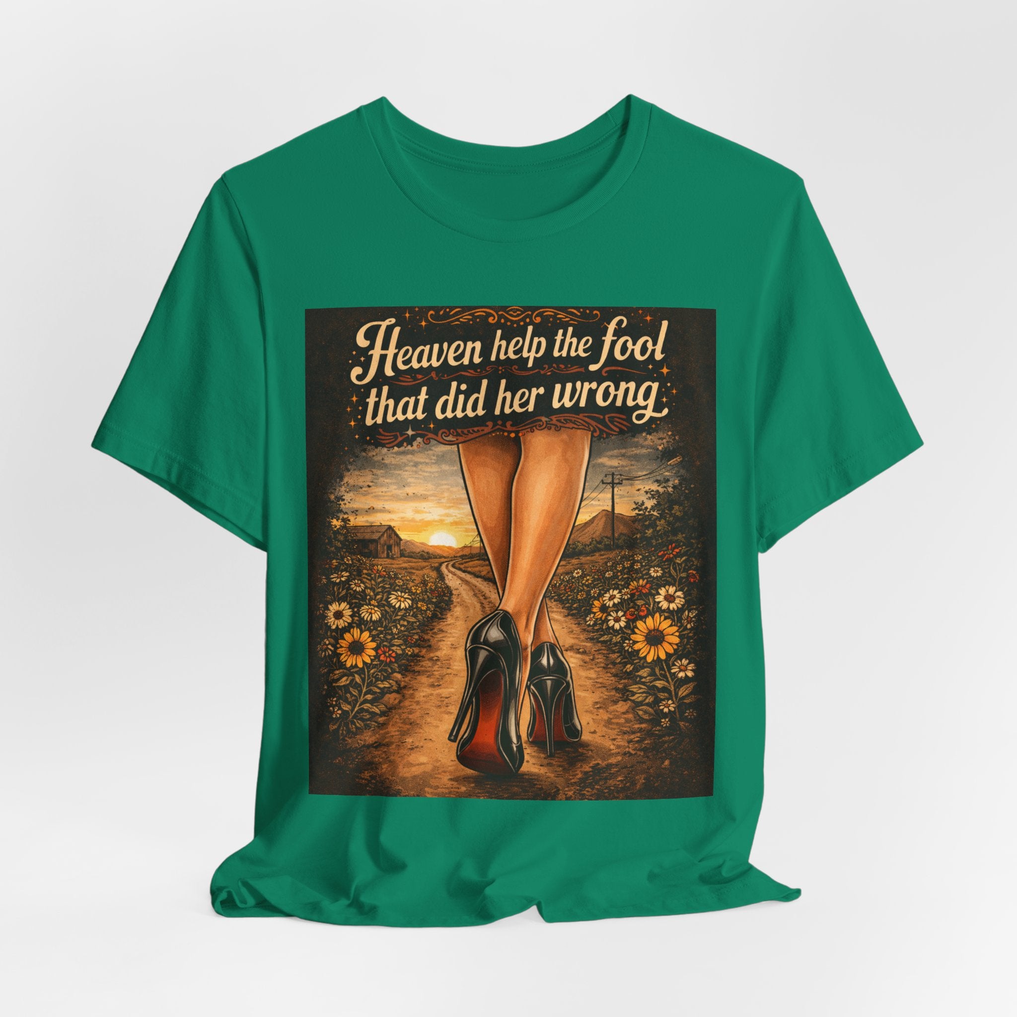Heaven Help the Fool Graphic Tee — Retro Sunset Pinup Legs Shirt