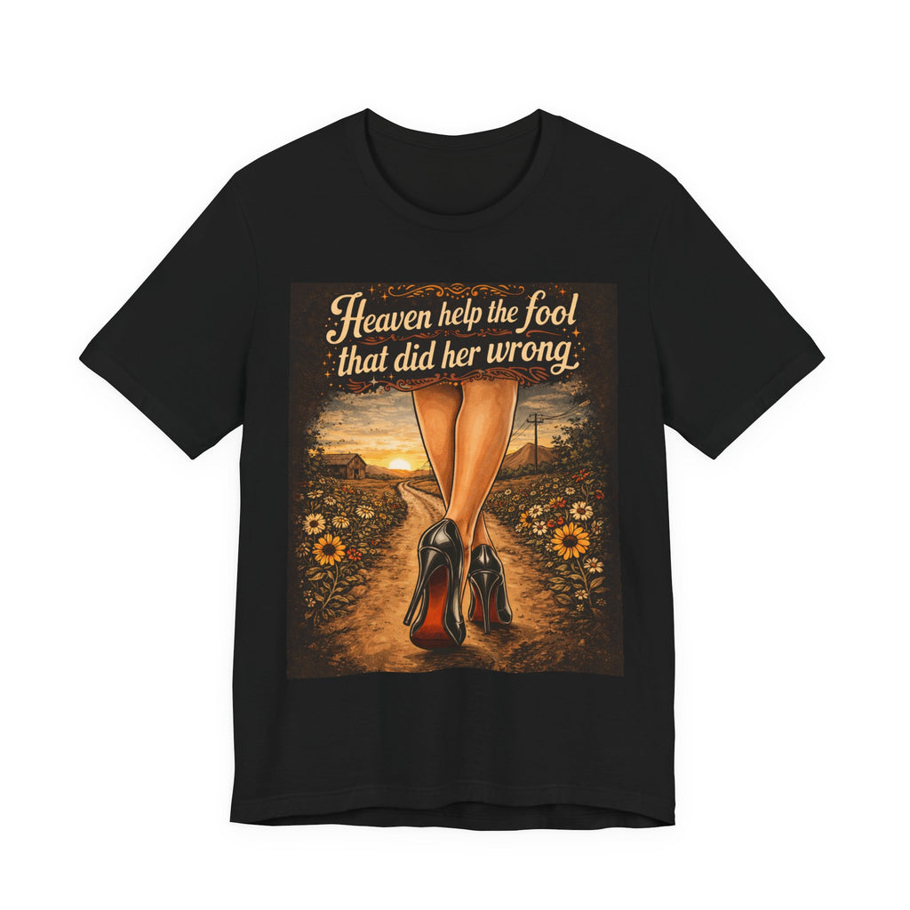 Heaven Help the Fool Graphic Tee — Retro Sunset Pinup Legs Shirt