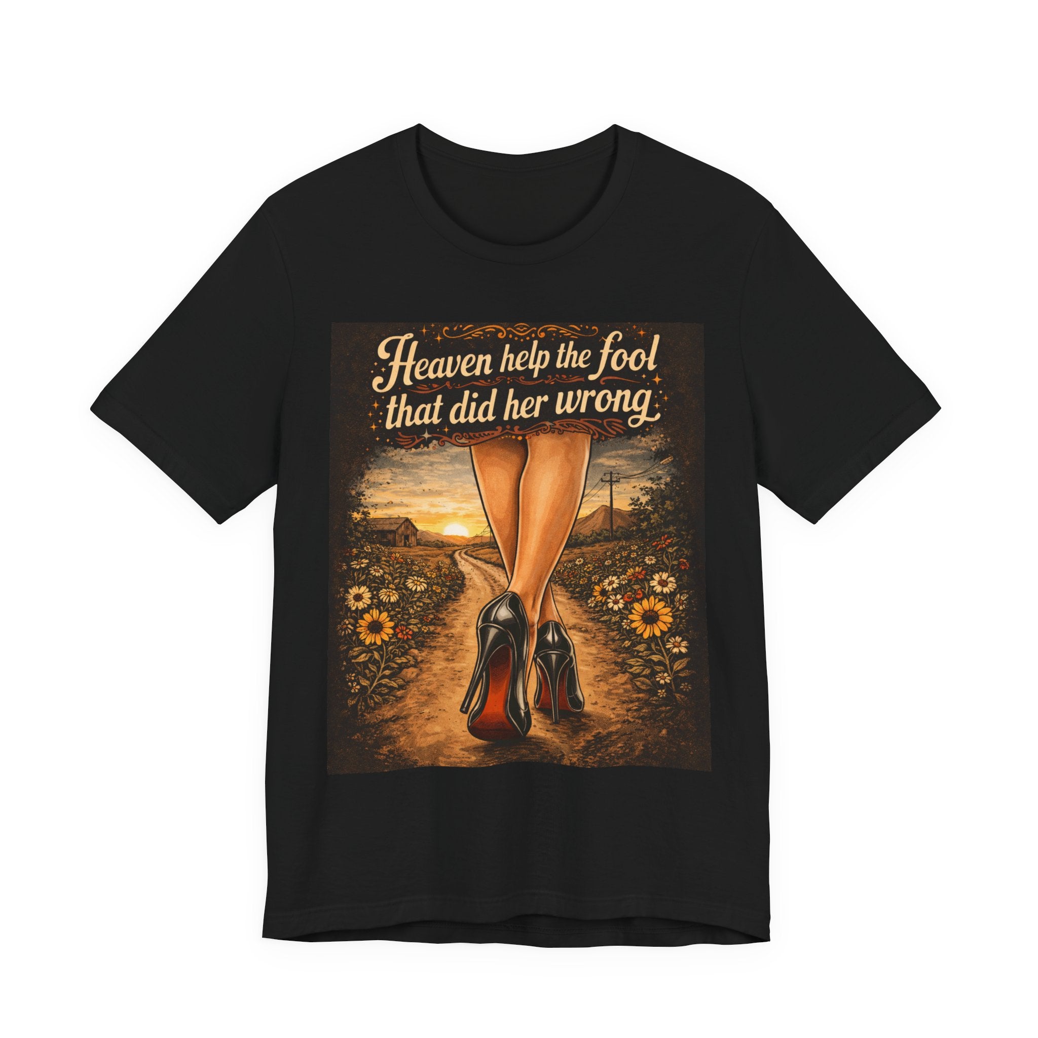 Heaven Help the Fool Graphic Tee — Retro Sunset Pinup Legs Shirt